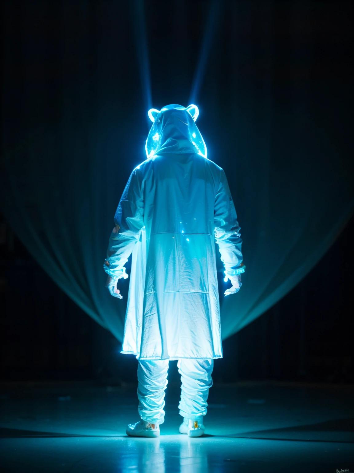 there is a large white bear that is lit up in the dark, it glows from the outside, glowing guy creature, lit from behind, light art, cartoony lighting, adorable glowing creature, with glowing blue lights, interesting lights, with blue light inside, a creature 5 meters tall, mech shaped like a manatee, inflatable, irridescent ghostly, luminol light (delicate illustration:1.4), (renaissance art:1.4), (masterpiece:1.0), (best quality:1.4), (ultra highres:1.2), (photorealistic:1.4), (8k, RAW photo:1.2), (soft focus:1.4), (18yo:1.3), (sharp focus:1.4), detailed beautiful