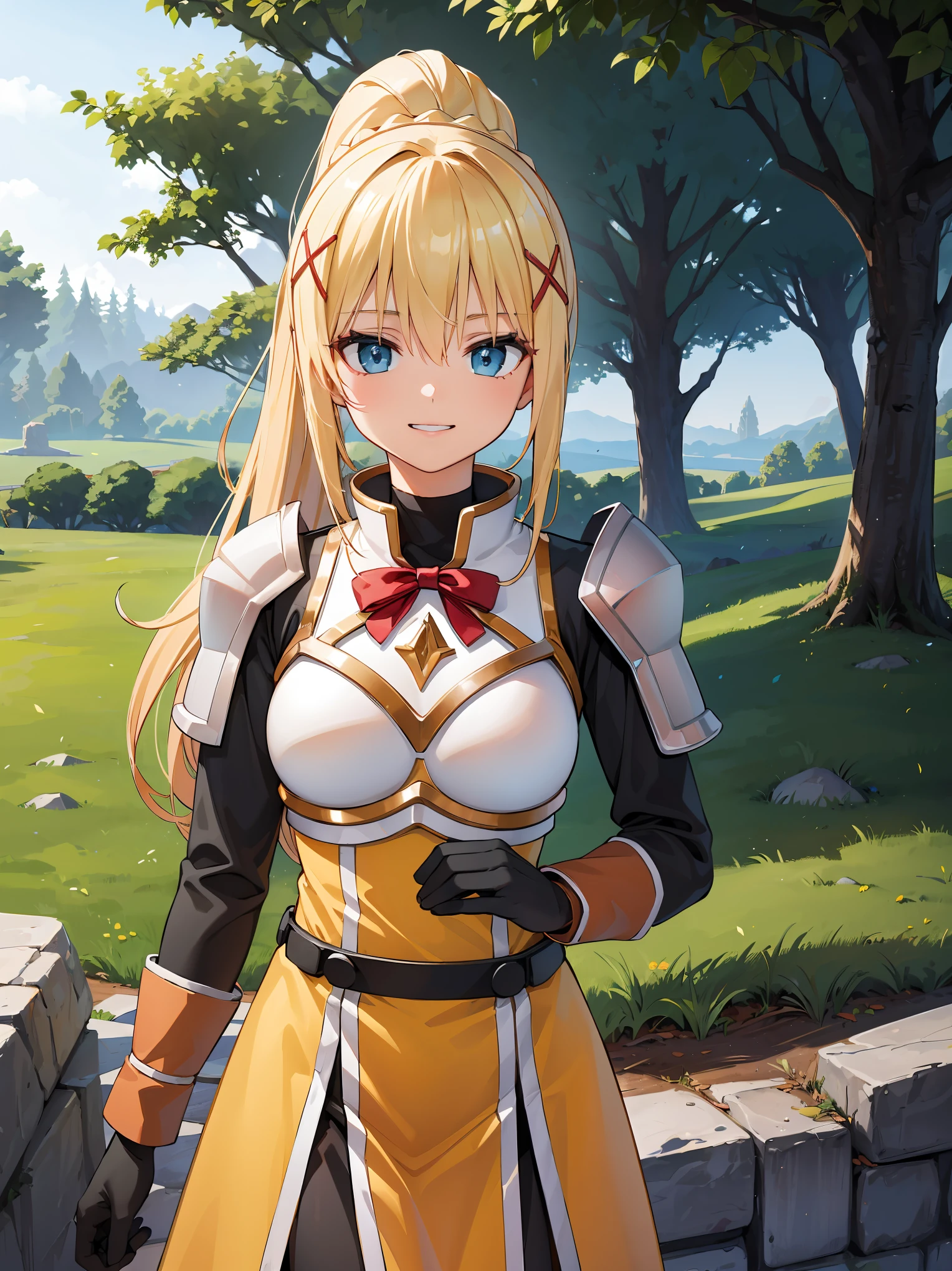 (in 8K, Raw photography, Best Quality, masutepiece: 1.2), high-definition RAW color photography, Professional Photography, Cinematic Light, (animesque:1.2), (1womanl), a blond, ((ksdarkness, ponytail, x hair ornament, armor, shoulder armor, bodysuit, black gloves, Yellow dress)), (Detailed facial expressions), slenderbody, ((Show your teeth and smile)), (((upperbody shot))), ((Kamimei)), ((in woods)), Realistic, Highly detailed, Photography, masutepiece, High quality, High quality, hight resolution, Professional Lighting,