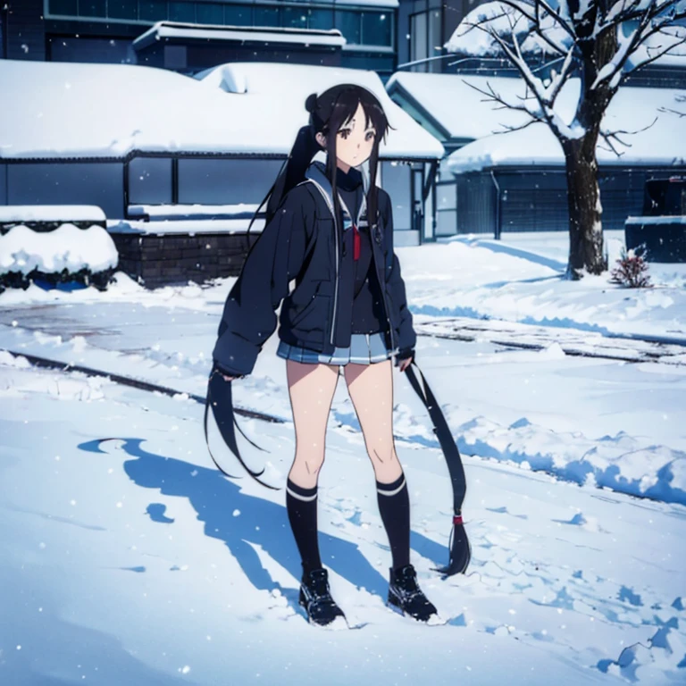 only one girl，Cool girl，Winters，in the snow，A very, Very long ponytail，Extra-long hair，Flip the hair， 2d ，Japanese anime， female high-school student，Best quality, Full body photo。