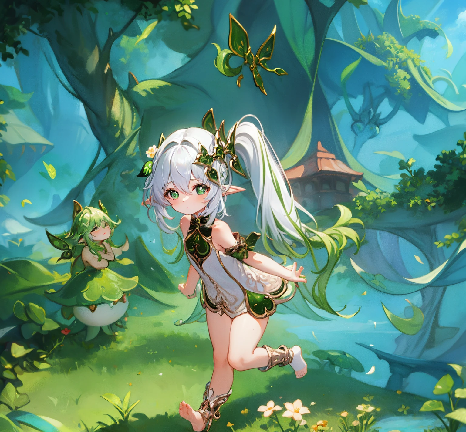 flat chest, 8 , nude, outside, pointy ears, hair ornament, white hair, green hairstreak, side ponytail, masterpiece, best quality