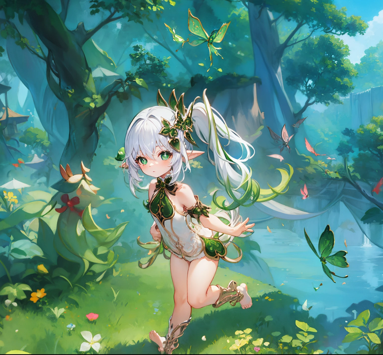 flat chest, 8 years old, nude, outside, pointy ears, hair ornament, white hair, green hairstreak, side ponytail, masterpiece, best quality