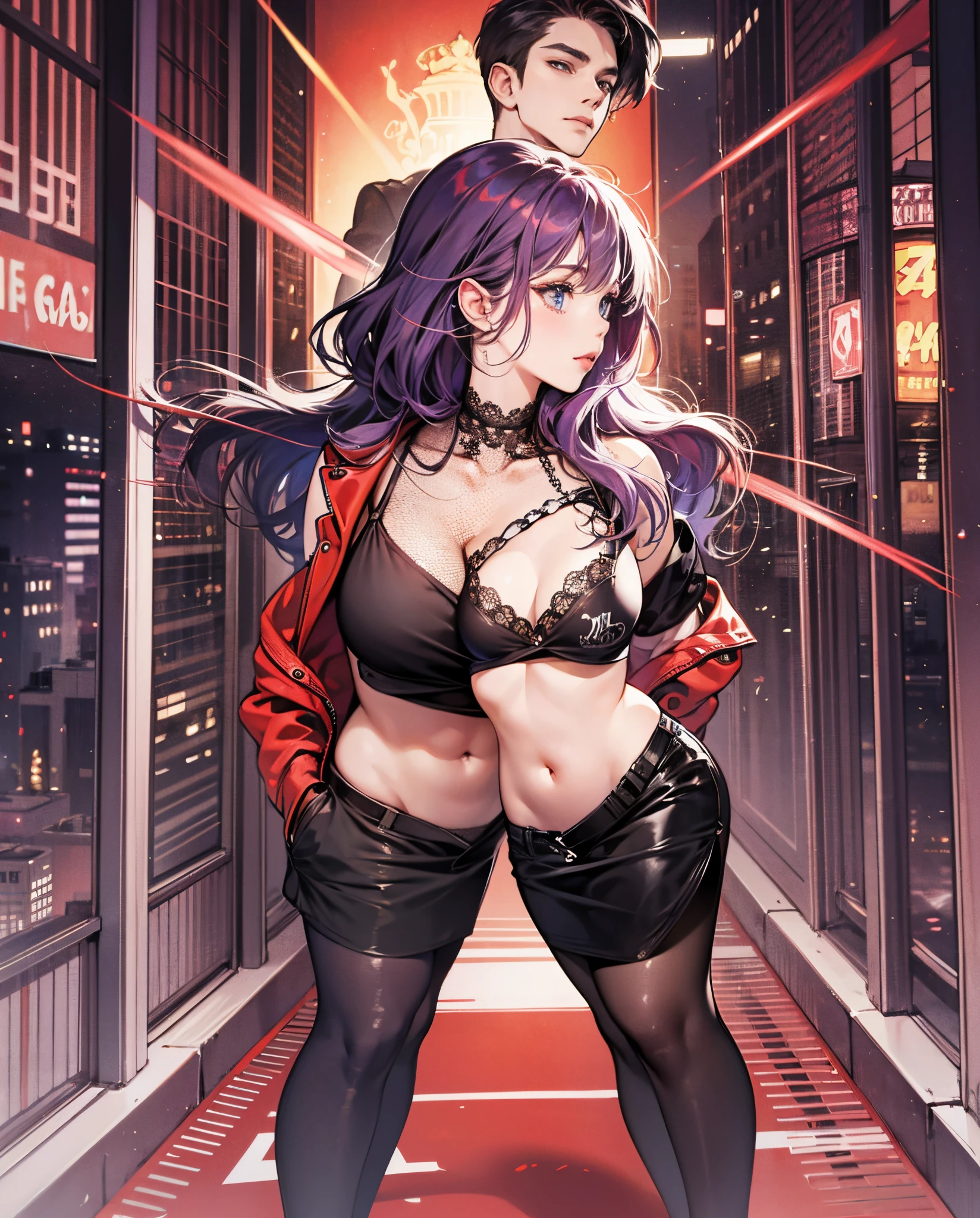 a beautiful, busty, redhead, tight see through crop top, black lace thong, thigh high socks, full body shot, back to viewer, looking over shoulder --auto --s2