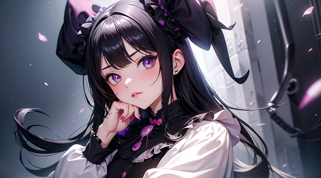 kuromi,  sanrio, black hair, purple, nsfw, digital illustration, vibrant colors, soft lighting, perfect face, absurdres, ultrasharp, 8K, risque pose, long hair, ****ta dress, gothic, adult