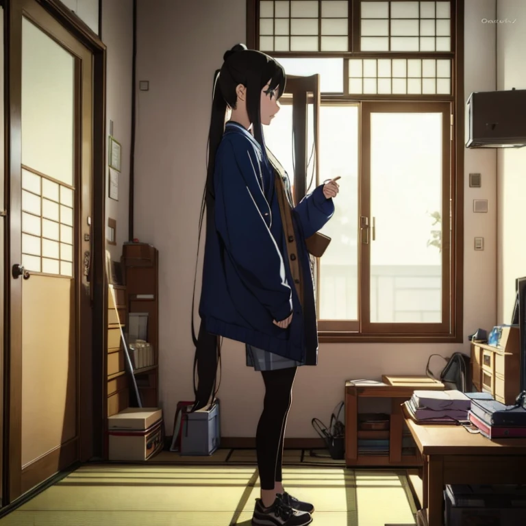 only one girl，Cool girl，Winters，At home，Showing beauty and crying，A very, Very long ponytail，Extra-long hair，Flip the hair， 2d ，Japanese anime， female high-school student，Best quality, Full body photo。