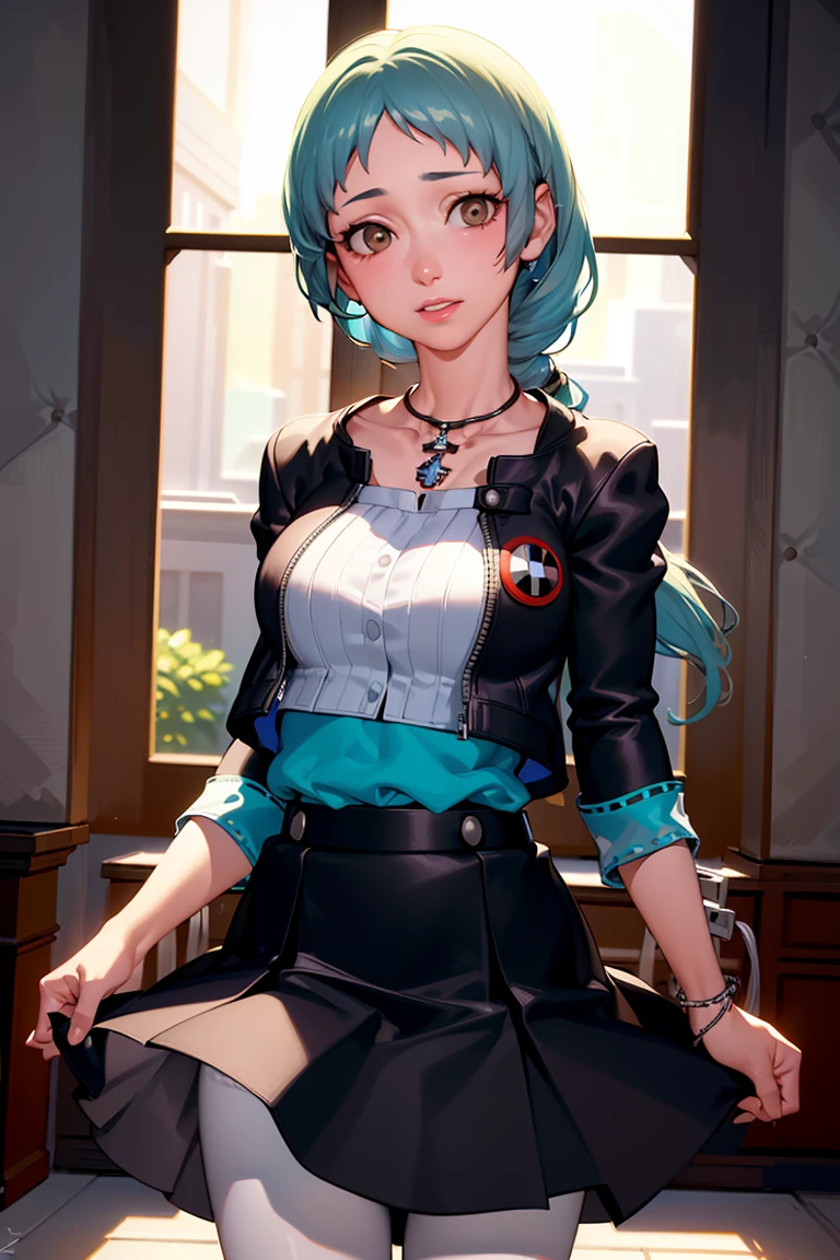 8k, best quality, ultra high res, ultra detailed, extremely detailed lighting, cinematic lighting, high quality:1.4), realistic, (finely detailed beautiful, cowboy shot, solo, 1girl, yamagishi fuuka, long hair, school uniform, skirt, white pantyhose, jewelry, necklace, upper body