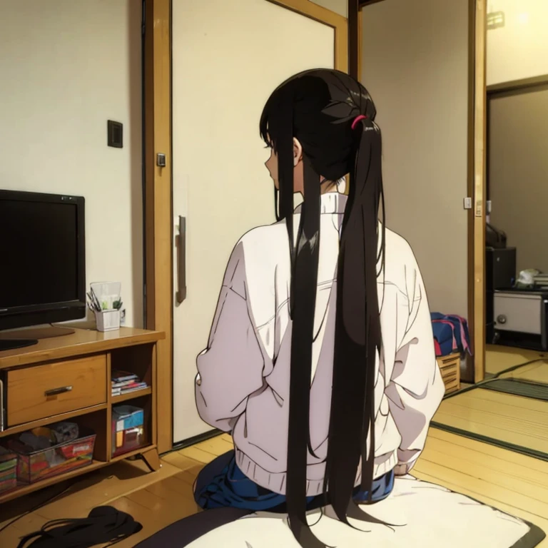 only one girl，Cool girl，Winters，At home，Pubic hair shows through，A very, Very long ponytail，Extra-long hair，Flip the hair， 2d ，Japanese anime， female high-school student，Best quality at best, fully body photo。