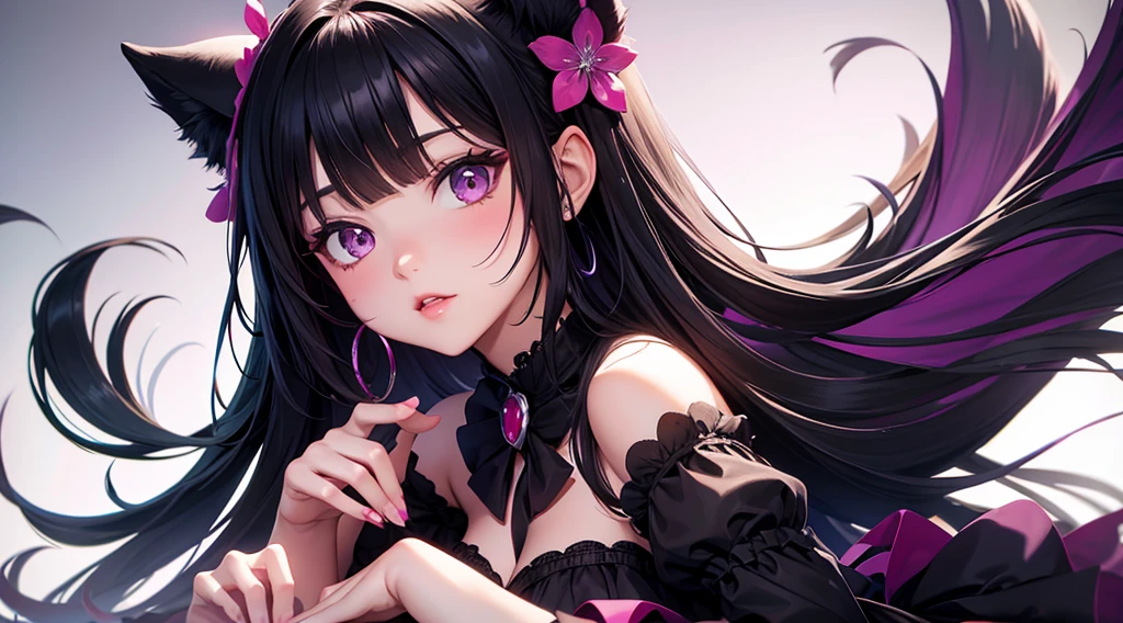 kuromi, sanrio, black hair, purple, nsfw, digital illustration, vibrant colors, soft lighting, perfect face, absurdres, ultrasharp, 8K, risque pose, long hair, lolita dress, gothic