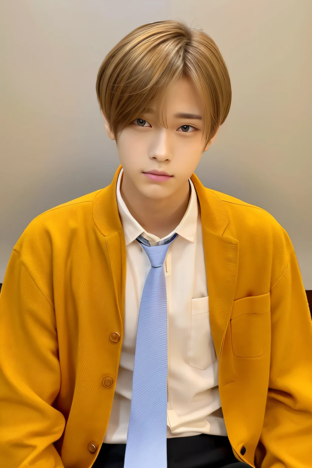 Man's,center parts,Forehead,Beautiful young man,japan america mix,,Like a girl,Orange blonde hair,Light brown eyes,yellow shirts,white necktie,longshot,Black pants,from the front side,Full body,Depressed