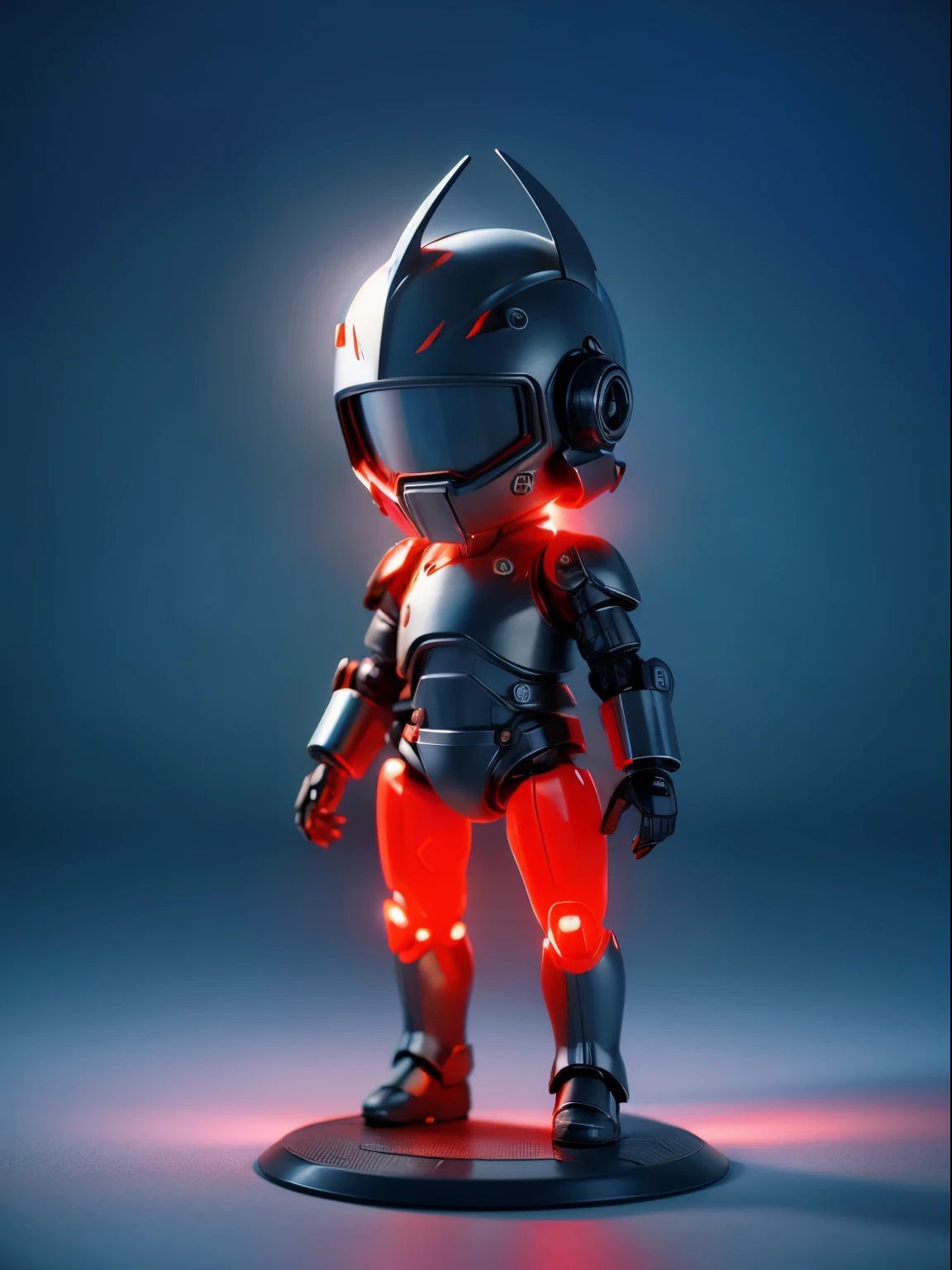 (Blind box toy style:1.2), (Full body shot) , 1 cute strong metal mage, Metal mech,Metal opaque helmet, cyber punk perssonage, dreamy glow, Clean, Black draft,red and blue style, ( Global illumination, Ray traching, hdr, unreal render,reasonable design, high detal, Masterpiece, Best quality, hyper HD, Cinematic lighting)