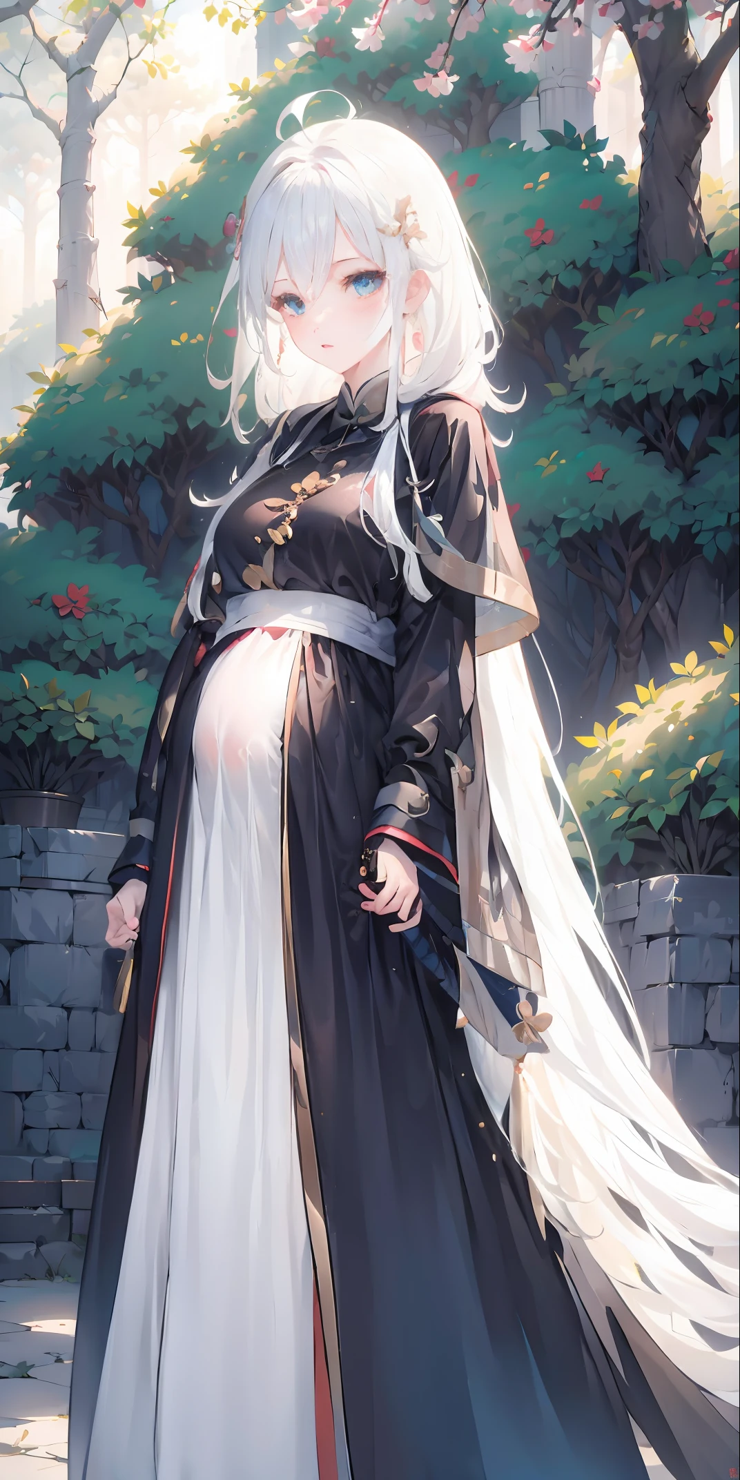 Golden hairpin, white ash hair, black shirt, white skirt, (black cloak:1.2), pale face, sweating, heavy breath, blushing, pregnancy  dresest quality:1.2), ultra-detailed,realistic ,portraits, vivid colors, soft lighting, interesting PoV, stocking, straight hair, pregnant, Pregnant  belly, Chinese sword, anime girl