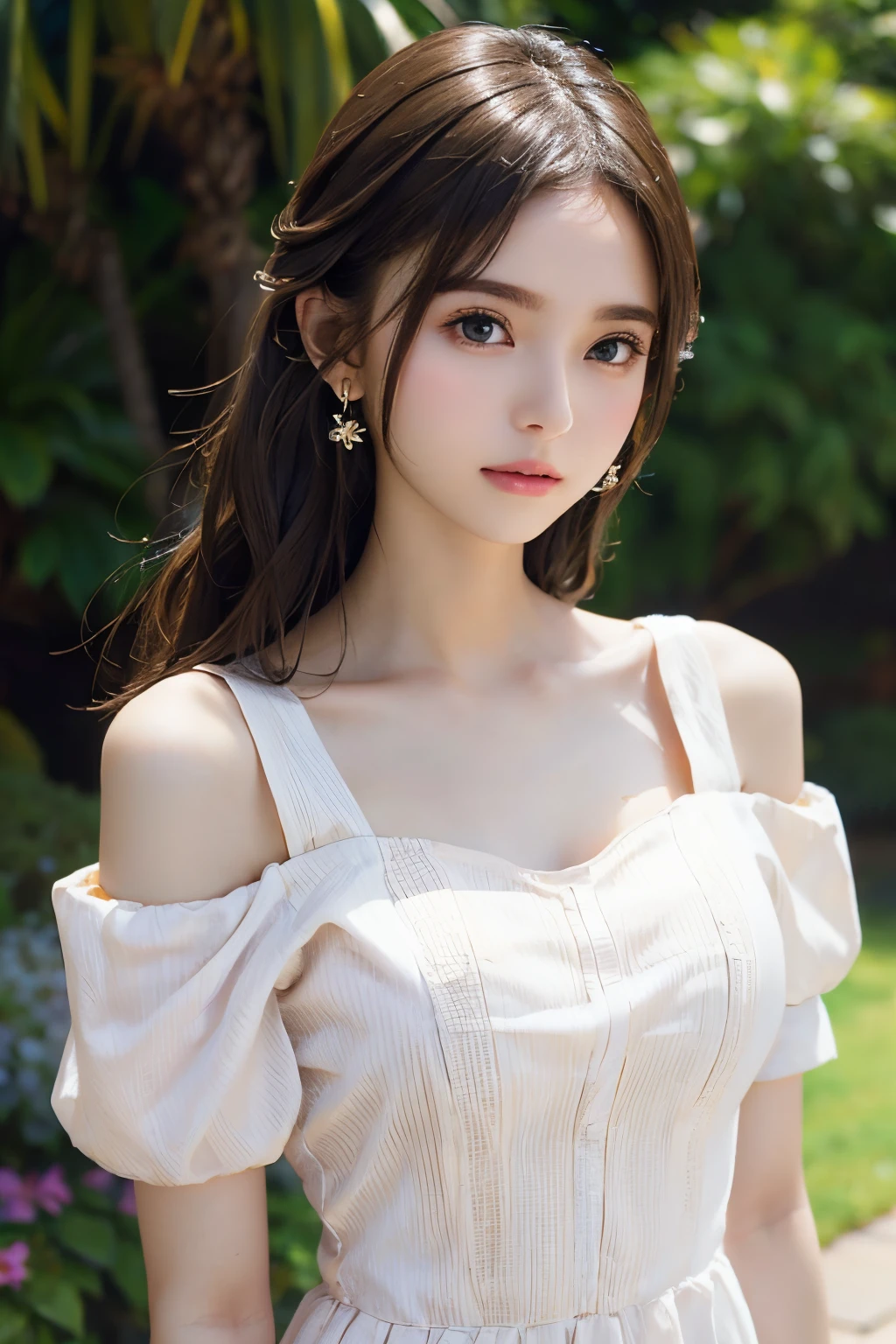 landscaped gardens、Image from chest up:1.6)、Close-up portrait of a woman wearing a brown off-shoulder top dress and earrings, soft portrait shot 8 k, lovely delicate face, high-quality 4k portrait, high quality portrait, soft flawless pale skin, 8K highly detailed face, Beautiful delicate face, beautiful light big eyes, beautiful and realistic faces, beautiful young woman with, beautiful and realistic faces, cute young woman