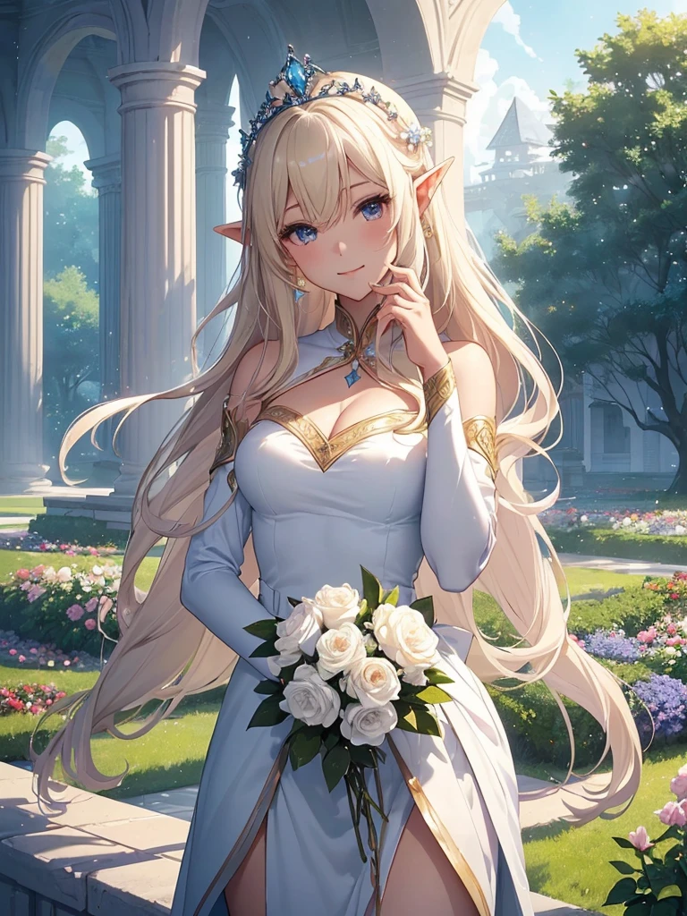 top-quality、Top image quality、masterpiece、Super beautiful elf beauty((24 year old、Best Bust、big bast、Bust 90,beautiful blue long ironed hair、a blond、A sexy、A slender、a closeup、Esbian、beautiful tiara、hiquality、Beautiful Art、Background with((starrysky)))masutepiece、visualart、depth of fields、low angle of morning sky、、Elven ears、、light magic、Space Knight、harp melody🎵、Happy smile、Gentle light、、Beautiful legs that are gentle on the skin、、、Number of fingers to achieve precise finger movements、ticker beautiful dress、elegent、Mystical Rosa、 field under the flower garden、Marble pillars, beautiful dressy)appreciate!This way、appreciate、Talk to、Friendly atmosphere、Holding a bouquet of white roses in my loving hands