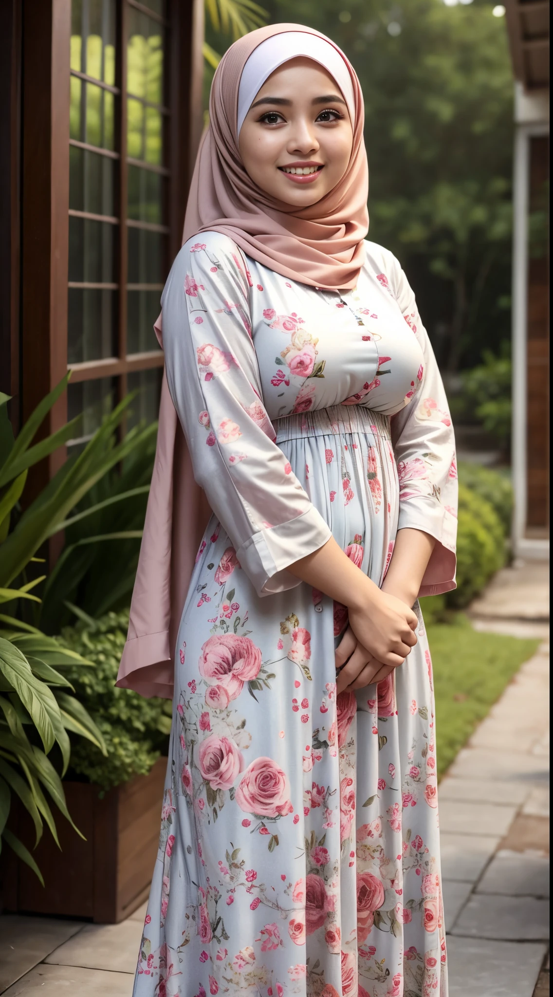 (iu:0.8), RAW, Best quality, high resolution, Masterpiece: 1.3, Beautiful hijabi malay women ,big eyes, perfect nose, perfect body, wearing floral longdress,big breast, Masterpiece, smile, buka mulut