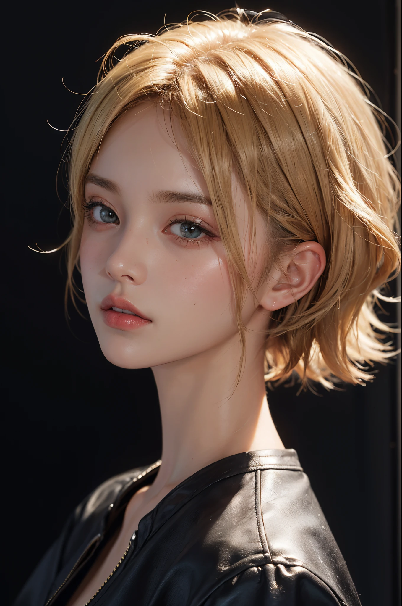 a 20 yo woman, blonde, (hi-top fade:1.3), dark theme, soothing tones, muted colors, high contrast, (natural skin texture, hyperrealism, soft light, sharp)