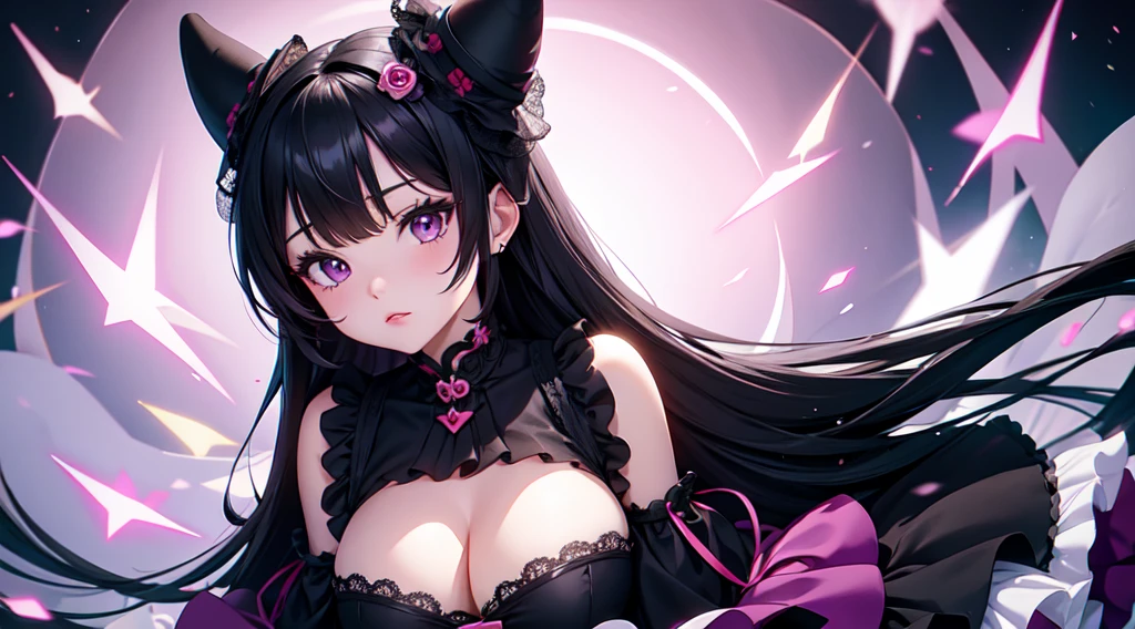 kuromi, sanrio, black hair, purple, nsfw, digital illustration, vibrant colors, soft lighting, perfect face, absurdres, ultrasharp, 8K, risque pose, long hair, ta dress, gothic