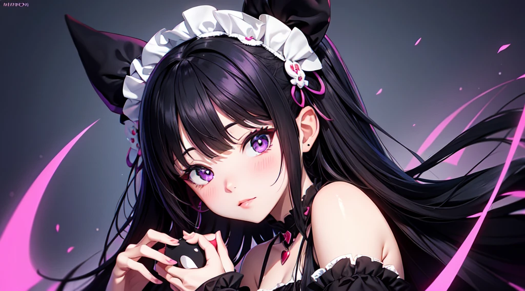 kuromi, sanrio, black hair, purple, nsfw, digital illustration, vibrant colors, soft lighting, perfect face, absurdres, ultrasharp, 8K, risque pose, long hair, lolita dress, gothic