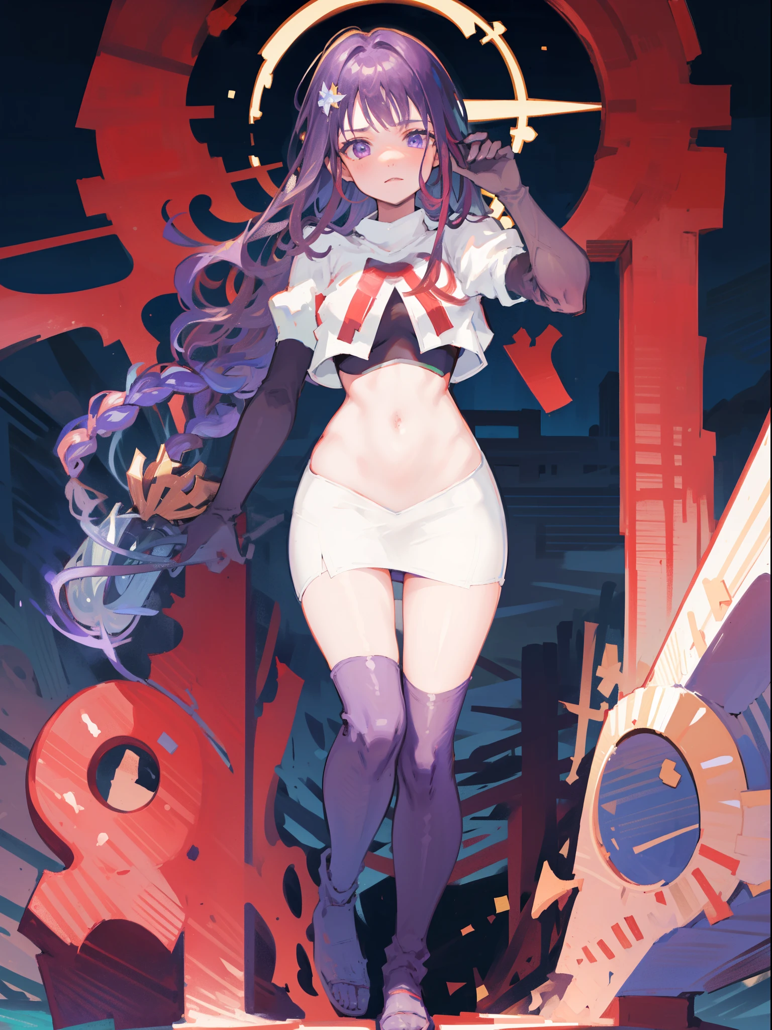 (Highest quality,Masterpiece,8k),((Pale skin)),1girll,Solo Woman,((Genshin_impact,Raiden general)), Sexy beautiful anime girl,Raiden general, Mole under eye, Long purple hair, hair ornaments, rosy lips,Anime mouth, A sexy mature woman,Detailed eyeusty figure, team rocket,team rocket uniform, red letter R, white skirt,white crop top,black thigh-highs,black elbow gloves,