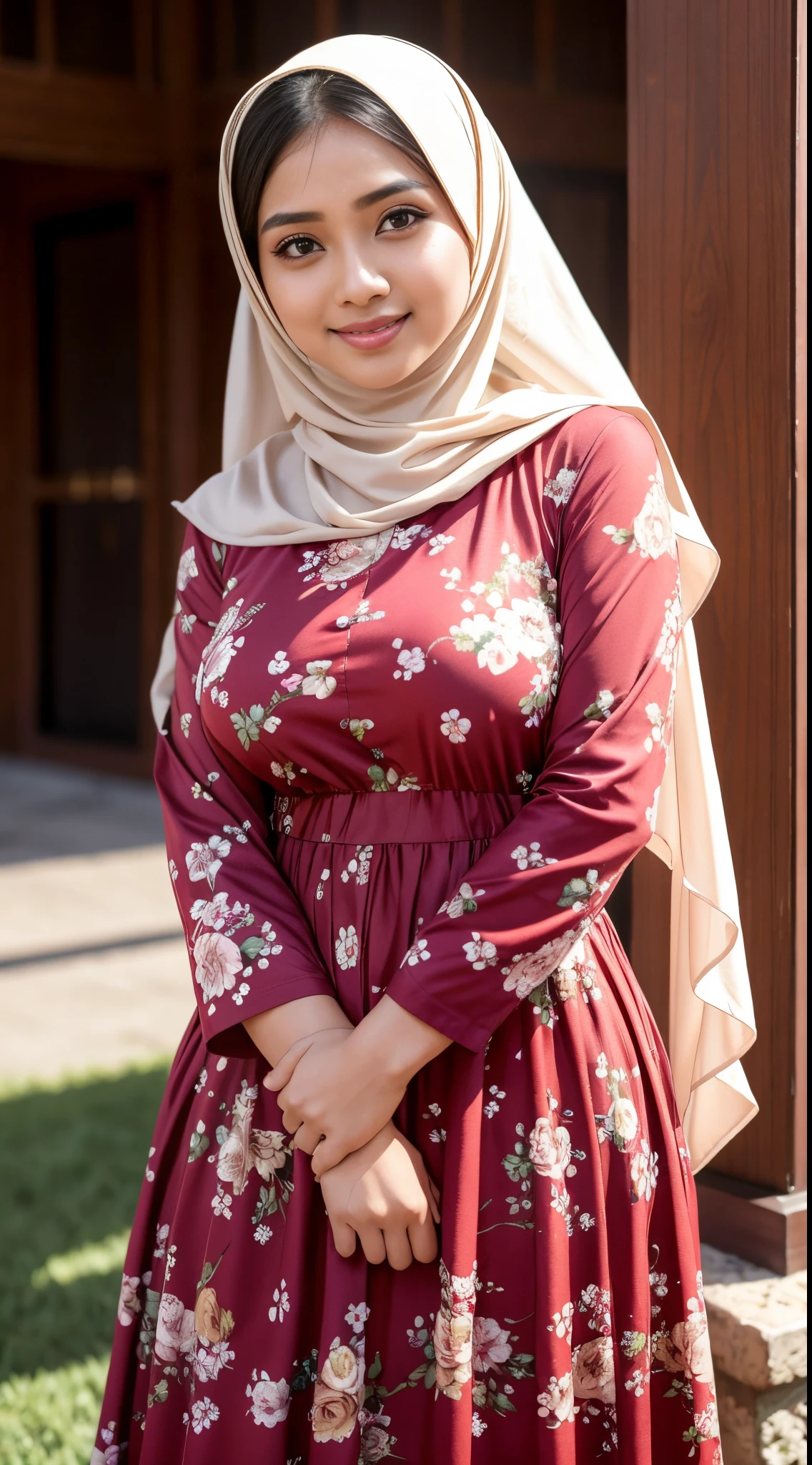 (iu:0.8), RAW, Best quality, high resolution, Masterpiece: 1.3, Beautiful hijabi malay women ,big eyes, perfect nose, perfect body, wearing floral longdress,big breast, Masterpiece, smile, buka mulut