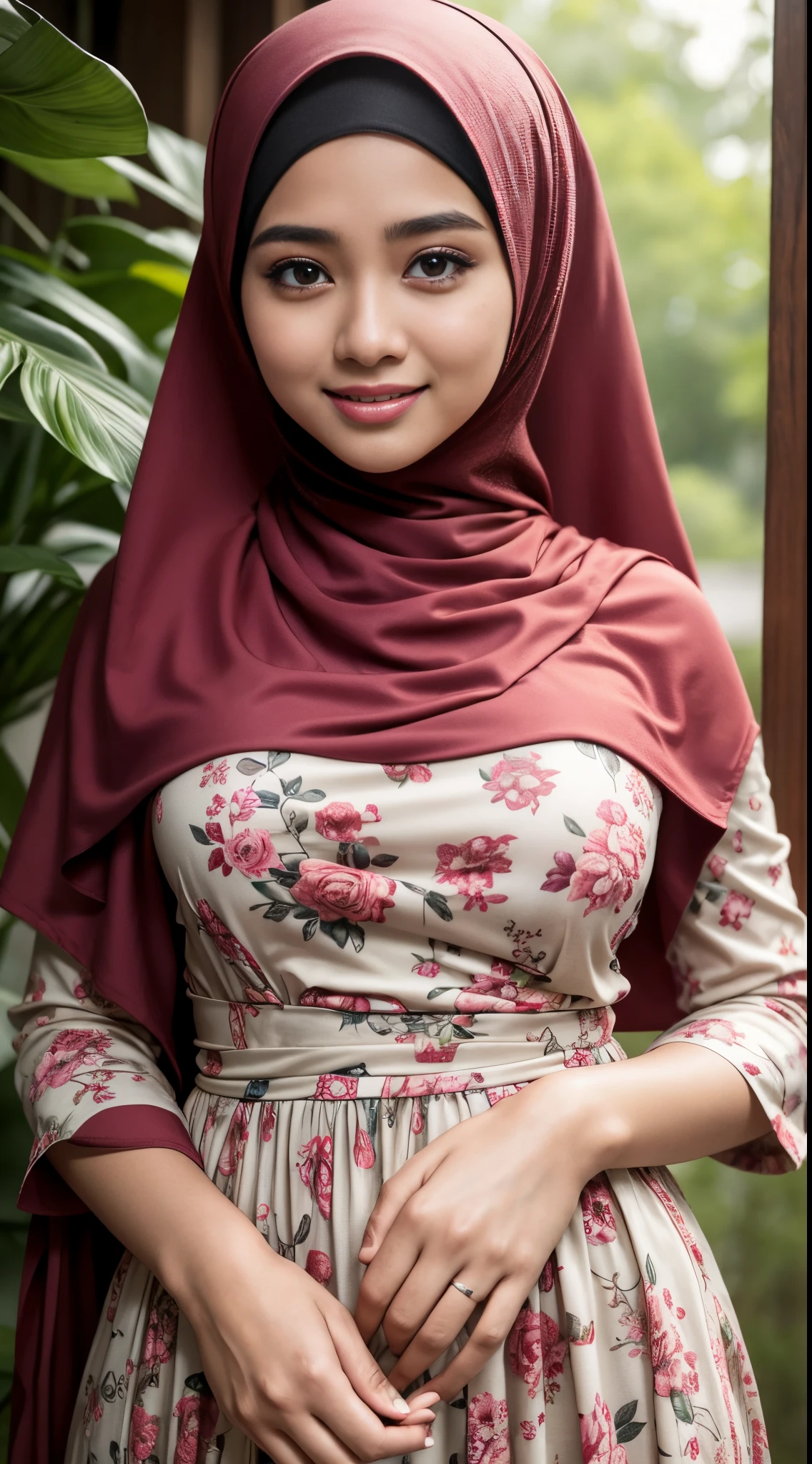 (iu:0.8), RAW, Best quality, high resolution, Masterpiece: 1.3, Beautiful hijabi malay women ,big eyes, perfect nose, perfect body, wearing floral longdress,big breast, Masterpiece, smile, buka mulut