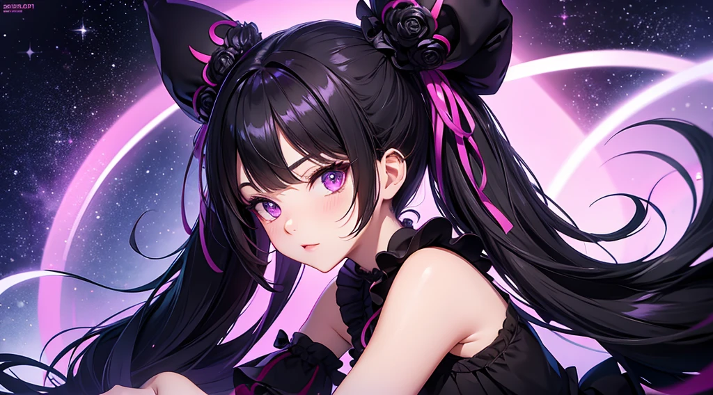 kuromi, sanrio, black hair, purple, nsfw, digital illustration, vibrant colors, soft lighting, perfect face, absurdres, ultrasharp, 8K, risque pose, long hair, space buns, ****ta dress, gothic