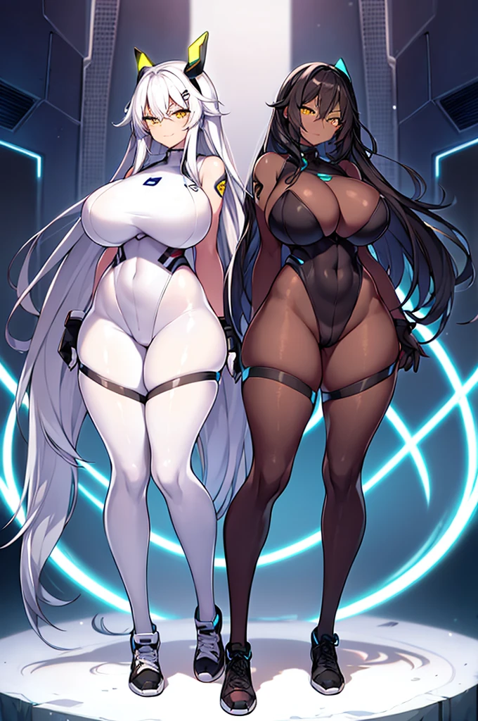 2girls, dark skin, dark-skinned female, white hair, black hair, long hair, yellow eyes, large breasts, breasts, wide hips, smug, smirk, smile, bodysuit, black bodysuit, pantyhose, black pantyhose, shoes, sneakers, futuristic, tech, science-fiction, neon trim, white neon trim, white trim, full body, ((full body))