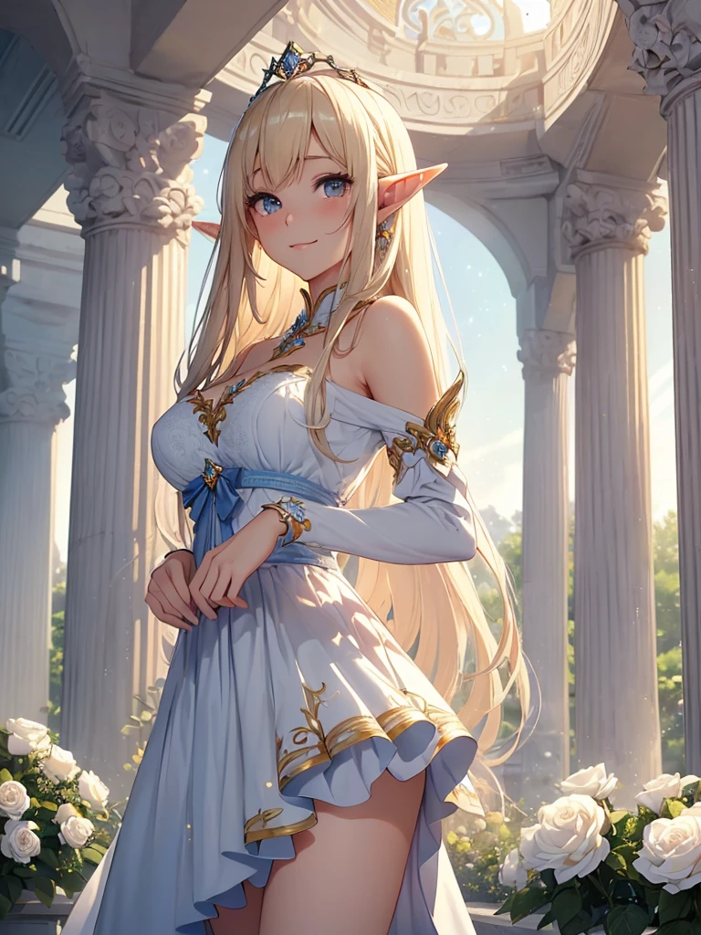 top-quality、Top image quality、​masterpiece、Super beautiful elf beauty((24 year old、Best Bust、big bast、Bust 90,beautiful blue long ironed hair、a blond、A sexy、A slender、a closeup、Esbian、beautiful tiara、hiquality、Beautiful Art、Background with((starrysky)))masutepiece、visualart、depth of fields、low angle of morning sky、、Elven ears、、light magic、Space Knight、harp melody🎵、Happy smile、Gentle light、、Beautiful legs that are gentle on the skin、、、Number of fingers to achieve precise finger movements、ticker beautiful dress、elegent、Mystical　Rosa、　field under the flower garden、Marble pillars, beautiful dressy)appreciate！This way、appreciate、Talk to、Friendly atmosphere、I will hold a bouquet of white roses in my loving hands and give it to you...