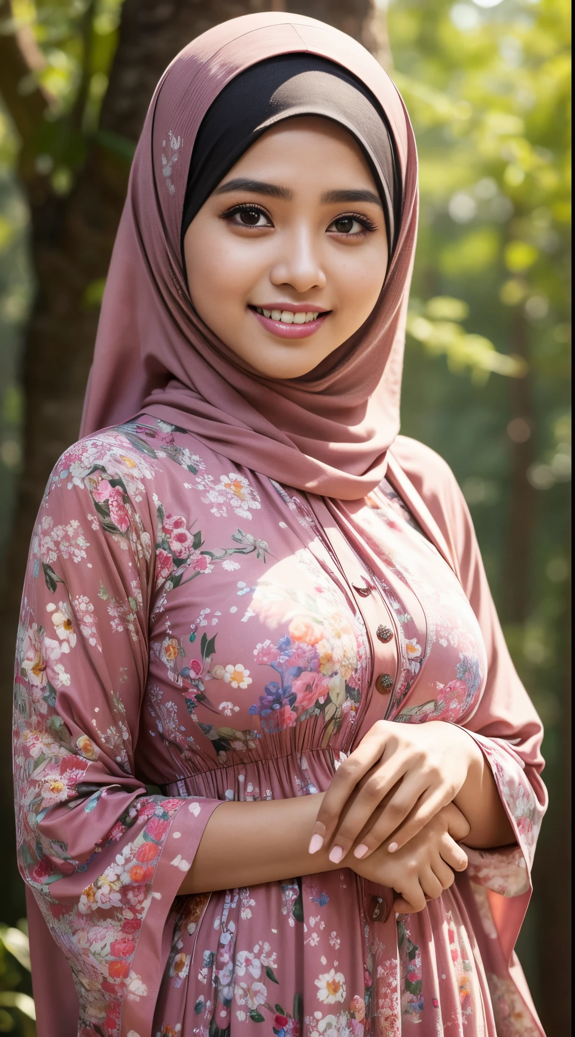 (iu:0.8), RAW, Best quality, high resolution, Masterpiece: 1.3, Beautiful  hijabi malay women ,big eyes, perfect nose, perfect body, wearing floral longdress,big breast, Masterpiece, smile, buka mulut