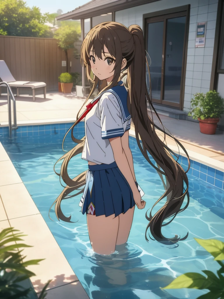 Cool girl，in a swimming pool，swimmning，wash her long hair，A very, Very long ponytail，Extra-long hair，Flip the hair， 2d ，Japanese anime， female high-school student，Best quality at best, fully body photo。Eye repair