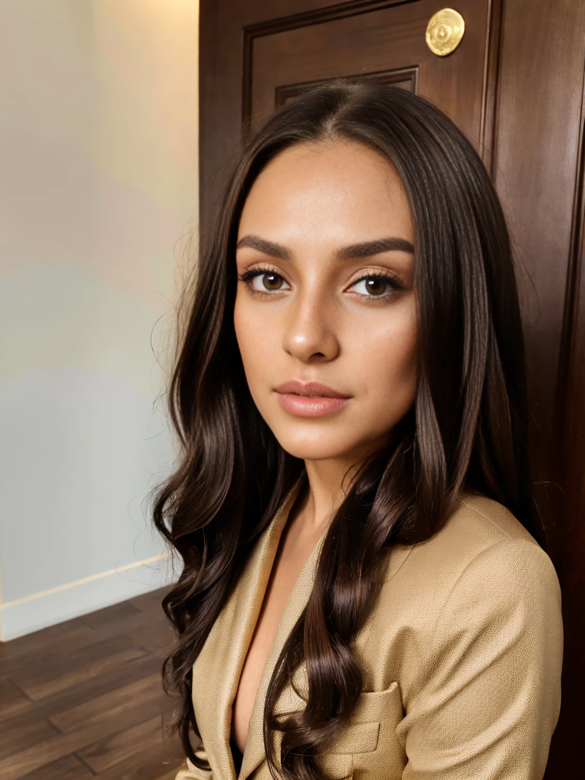 Albanian woman, 30 years, cute, neat face, detailed, small neat nose, neat plump lips, big eyes, neat eyes, brown eyes, Alice Milano, long hair, curly hair, natural shine, chocolate hair, gorgeous, city girl, western, hot girl with a cute face, full body portrait, model in thin gauze suit, most important background for all black prominent figures, bright light, standing, focus on figures, 8K, masterpiece, best quality, UHD1.2