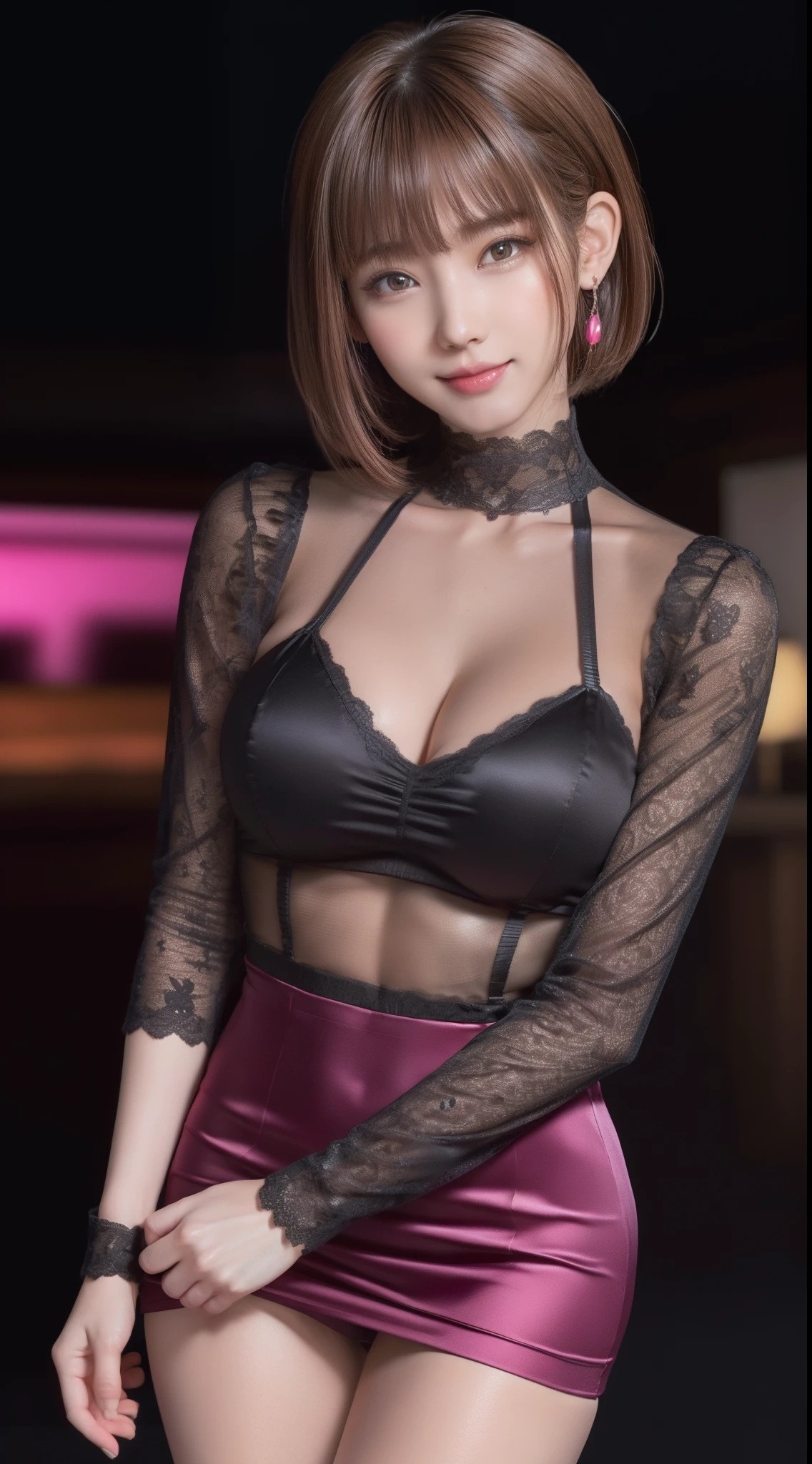 8K, masutepiece, Raw photo, Best Quality, Photorealistic, Highly detailed CG Unity 8k wallpaper, depth of fields, Cinematic Light, Lens Flare, Ray tracing, (Extremely beautiful face, Beautiful lips, Beautiful eyes), intricate detail face, ((Ultra detailed skin)) 1girl in, In the Dark, deepshadow, Pretty Korean girl, Flashy makeup with red eyeshadow,her shortcut, Delicate light brown hair is slightly disheveled with side waves.,wearing large ring earrings,Kpop Idol, 1 girl, (Very slim and slender fit muscular body:1.3), ((Looking at Viewer)),(Big smile:1.3), (magenta and black blouse), (sleeve fashion city night, a dark night, (Neon sign), (Blurred background), Fashion Street Night),(No people in the background:1.3), Beautiful earrings, Bracelets, Necklace, pantyhose, Clear eyes, Walking, (pale skin), (big eye ace forward, ((upperbody shot)), ((silk color dresses:1.3)),(Brown hairs),((tight fit lace dress)), (see through), (Looking at Viewer:1.3) opened breast, Very slim, medium breasts, backtrack,((Back shot)), see through, Medium Butt, Mini skirt, updo hair, ((Spread thighs))