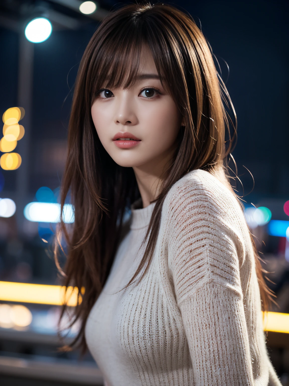 ​masterpiece、1 beautiful girl、A detailed eye、Puffy eyes、top-quality, 超A high resolution, (Realisticity: 1.4), cinematlic lighting、Asian Beauty、Korea person、Super beauty、Beautiful skin、A slender、The body is facing forward、(A hyper-realistic)、(hight resolution)、(8K)、(ighly detailed)、(beautifully detailed eyes)、(ultra-detailliert)、 (wall-)、A detailed face、Bright lighting、profetional lighting、looking at viewert、Facing straight ahead、Black knitwear、oblique bangs、nighttime scene、Brown hair、age19、tall,