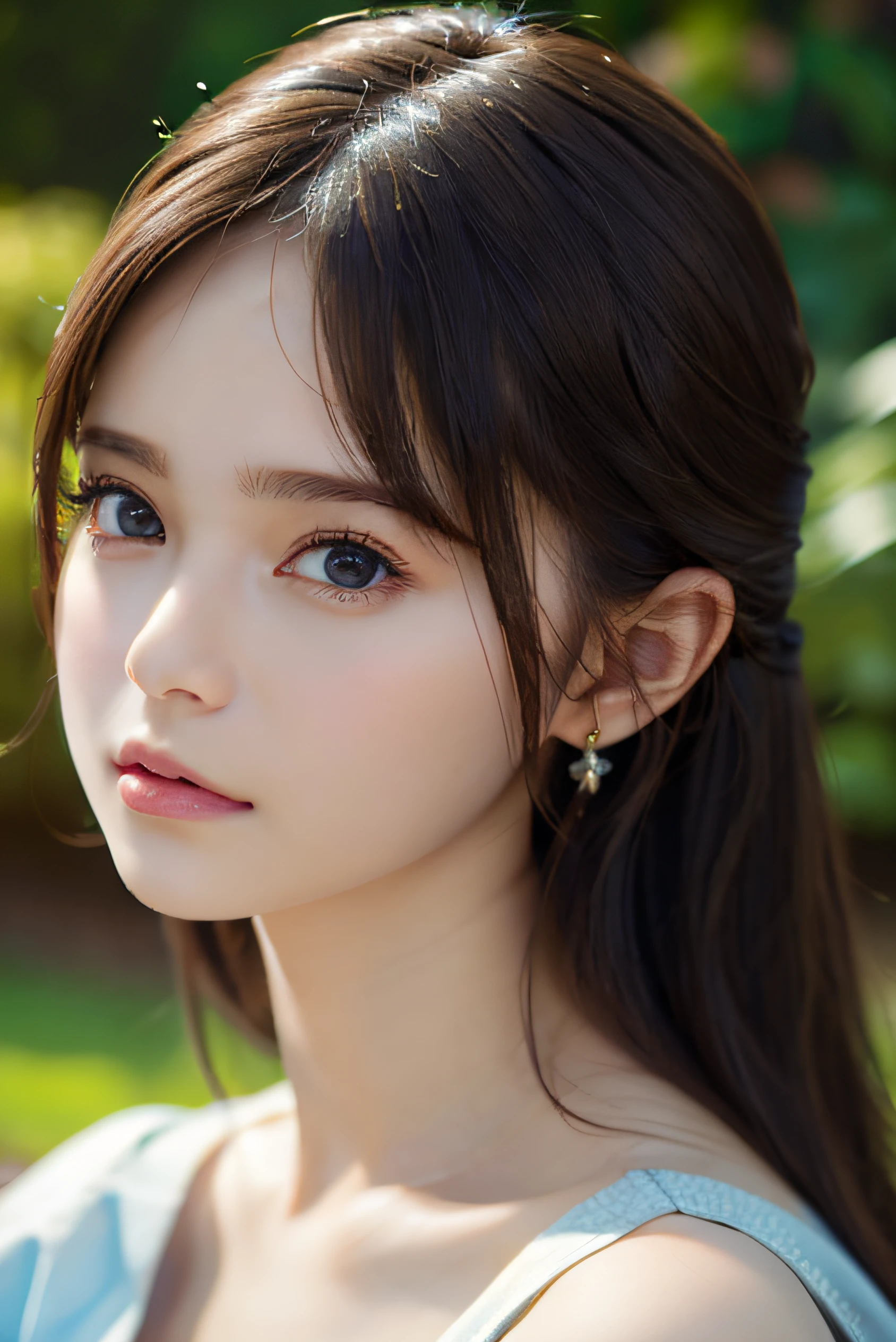 landscaped gardens、Image from chest up:1.6)、Close-up portrait of a woman wearing a brown off-shoulder top dress and earrings, soft portrait shot 8 k, lovely delicate face, high-quality 4k portrait, high quality portrait, soft flawless pale skin, 8K highly detailed face, Beautiful delicate face, beautiful light big eyes, beautiful and realistic faces, beautiful young woman with, beautiful and realistic faces, cute young woman