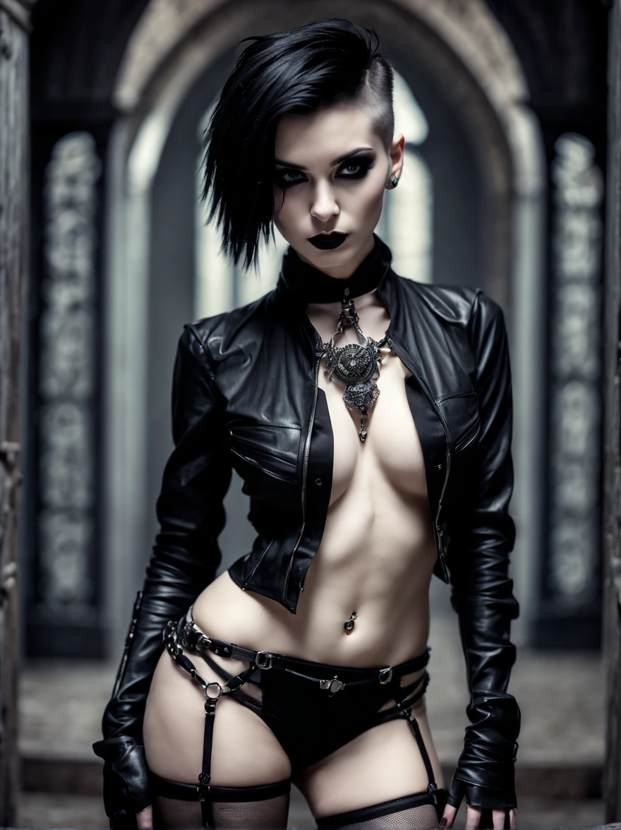 Vampire, assassin, female, solo, pale skin, white skin, black leather outfit, cowl, low cut leather pants, short black hair, medium hair, small breasts, black lipstick, her makeup is a complex Rorschach pattern, Rorschach makeup twin daggers, red pupils, dark alley at night, she looks sinister, dangerous ((masterpiece, best quality))
