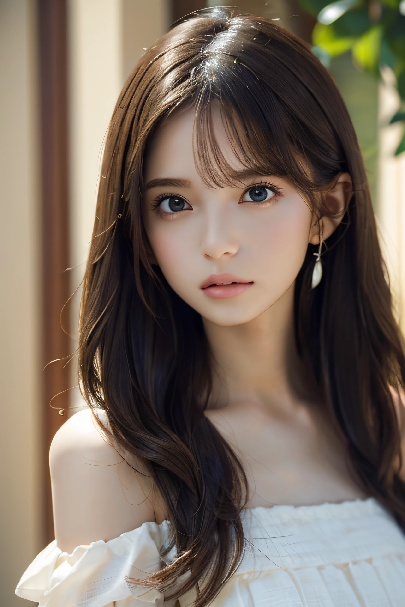 landscaped gardens、Image from chest up:1.6)、Close-up portrait of a woman wearing a brown off-shoulder top dress and earrings, soft portrait shot 8 k, lovely delicate face, high-quality 4k portrait, high quality portrait, soft flawless pale skin, 8K highly detailed face, Beautiful delicate face, beautiful light big eyes, beautiful and realistic faces, beautiful young woman with, beautiful and realistic faces, cute young woman