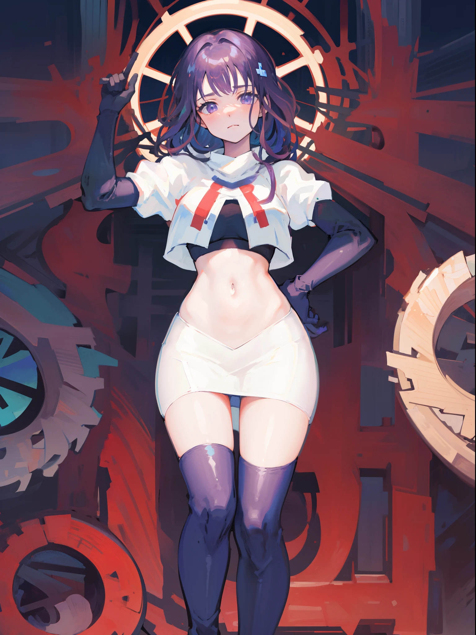 (Highest quality,Masterpiece,8k),((Pale skin)),1girll,Solo Woman,((Genshin_impact,Raiden general)), Sexy beautiful anime girl,Raiden general, Mole under eye, Long purple hair, hair ornaments, rosy lips,Anime mouth, A sexy mature woman,Detailed eyeusty figure, team rocket,team rocket uniform, red letter R, white skirt,white crop top,black thigh-highs,black elbow gloves,