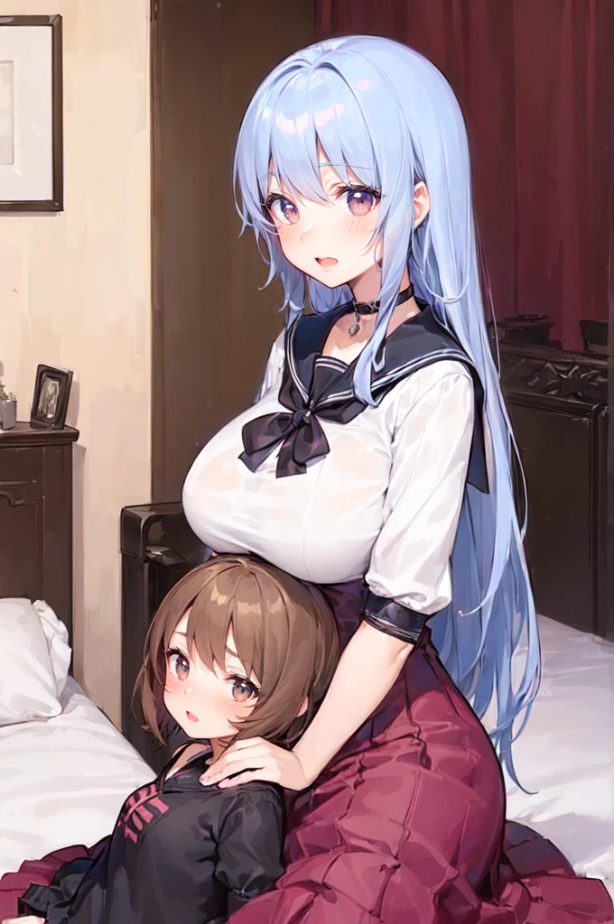 (2girls:1.5), (height_difference:1.5), (size_difference:1.1), (giantess:1.1), a giantess pinning a tiny woman down, a giantess hugging a tiny woman, a tiny woman below the breasts of a giantess, serafuku, bedroom, bed, sweaty, cleavage, looking at another, looking in her eyes, (adult woman: 1.2), (mature:1.2)