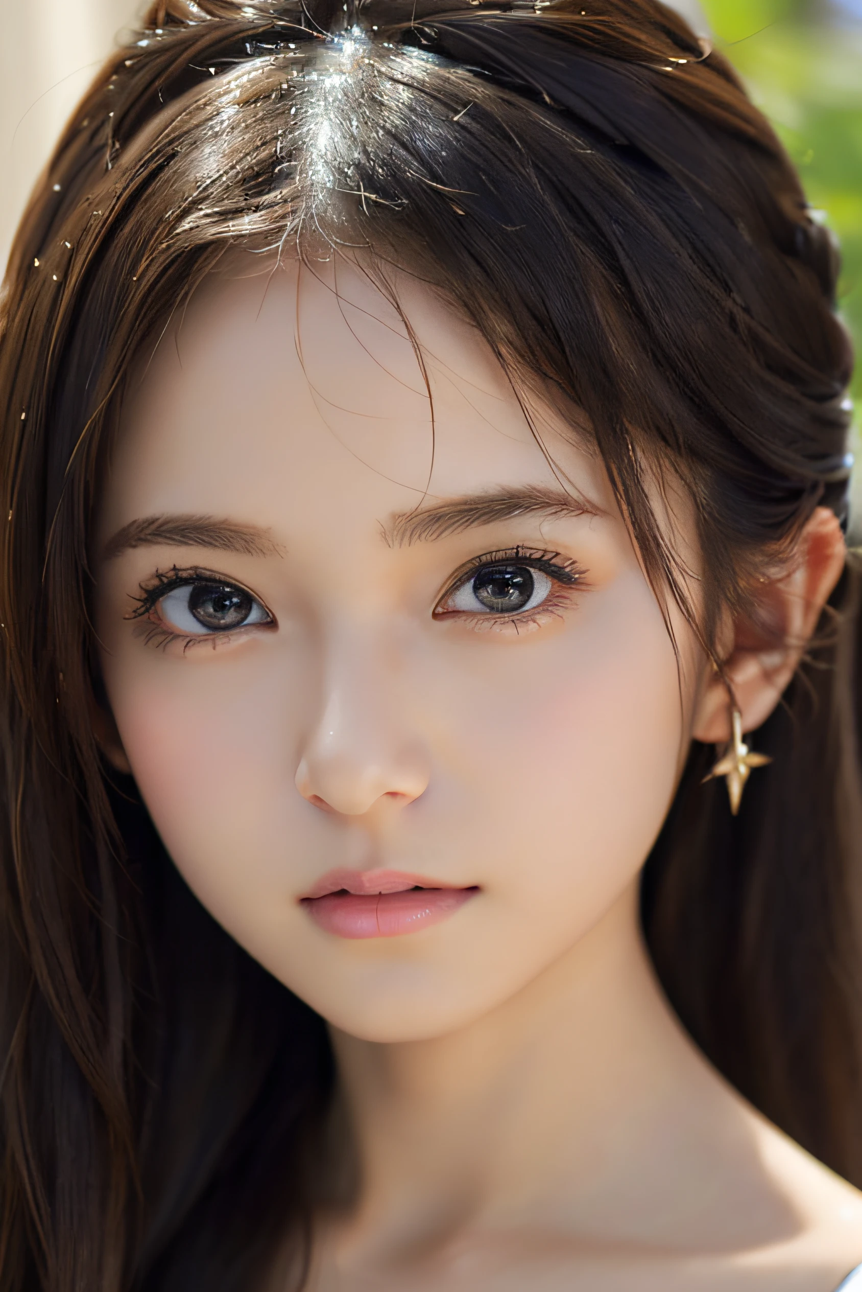 Image from chest up:1.6)、Close-up portrait of a woman wearing a brown off-shoulder top dress and earrings, soft portrait shot 8 k, lovely delicate face, high-quality 4k portrait, high quality portrait, soft flawless pale skin, 8K highly detailed face, Beautiful delicate face, beautiful light big eyes, beautiful and realistic faces, beautiful young woman with, beautiful and realistic faces, cute young woman