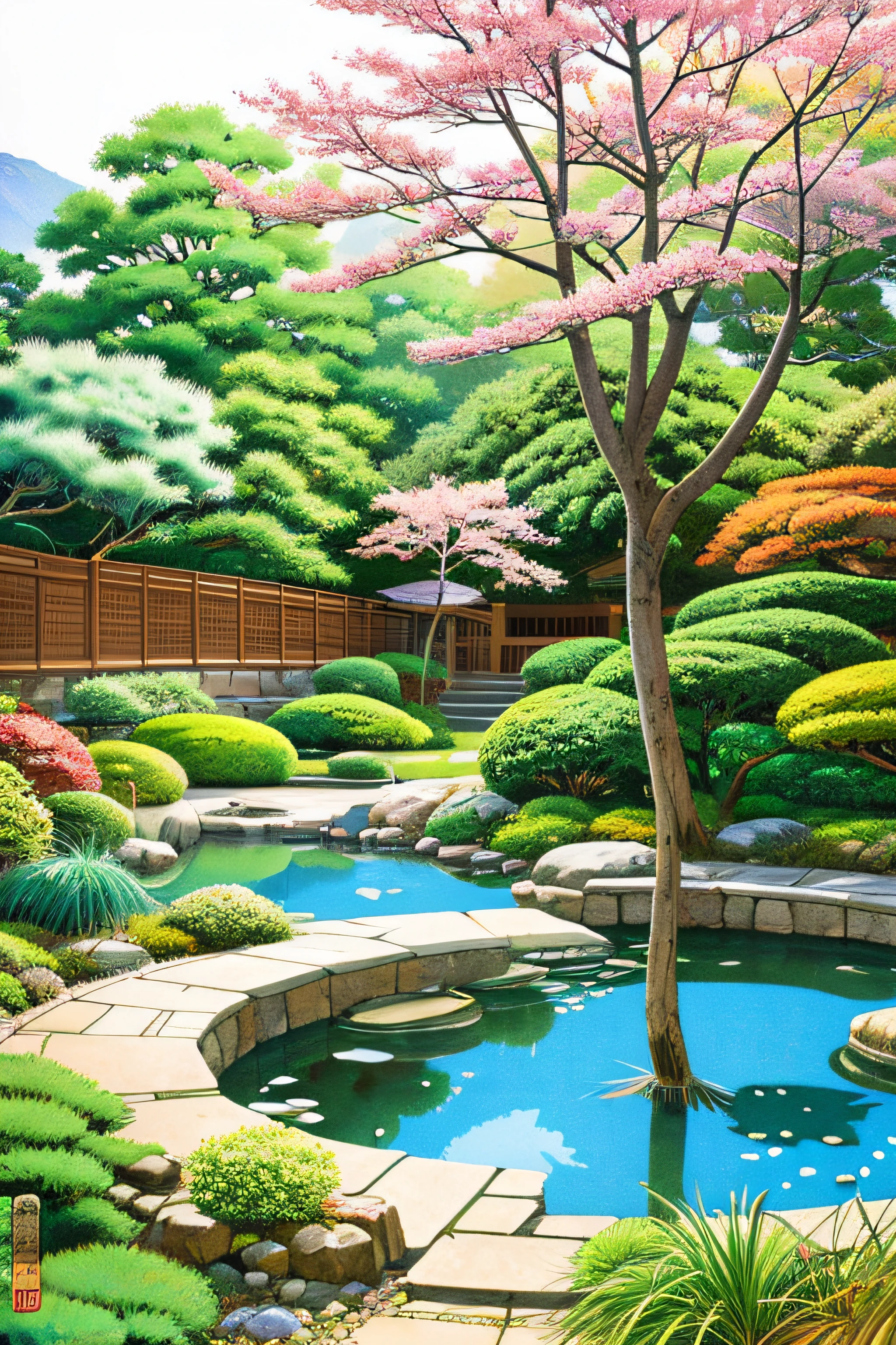 Japanese garden　Ukiyo-e style　landscapes　pop music　colourfull　illustratio