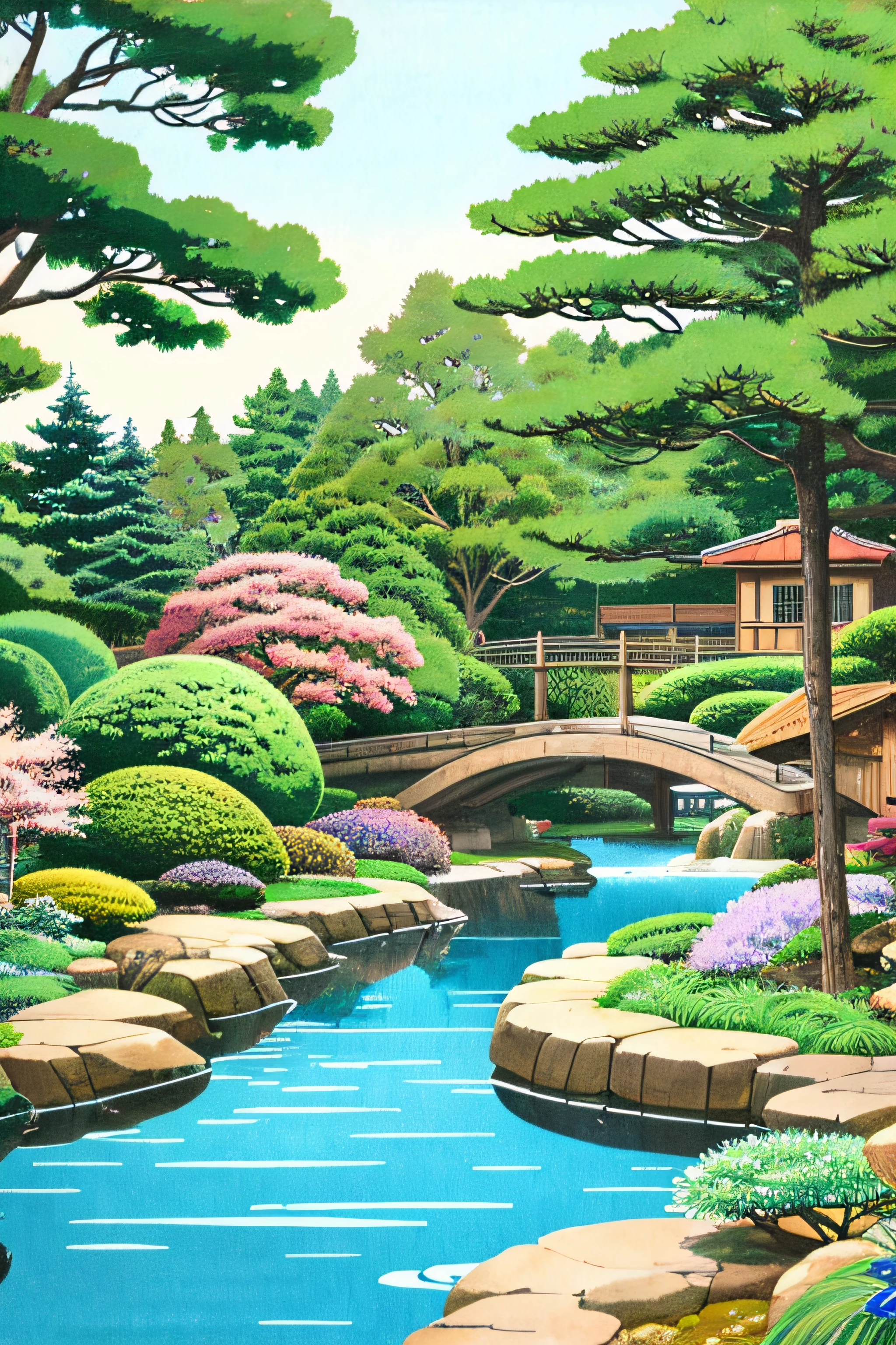 Japanese garden Ukiyo-e style landscapes pop music colourfull illustratio