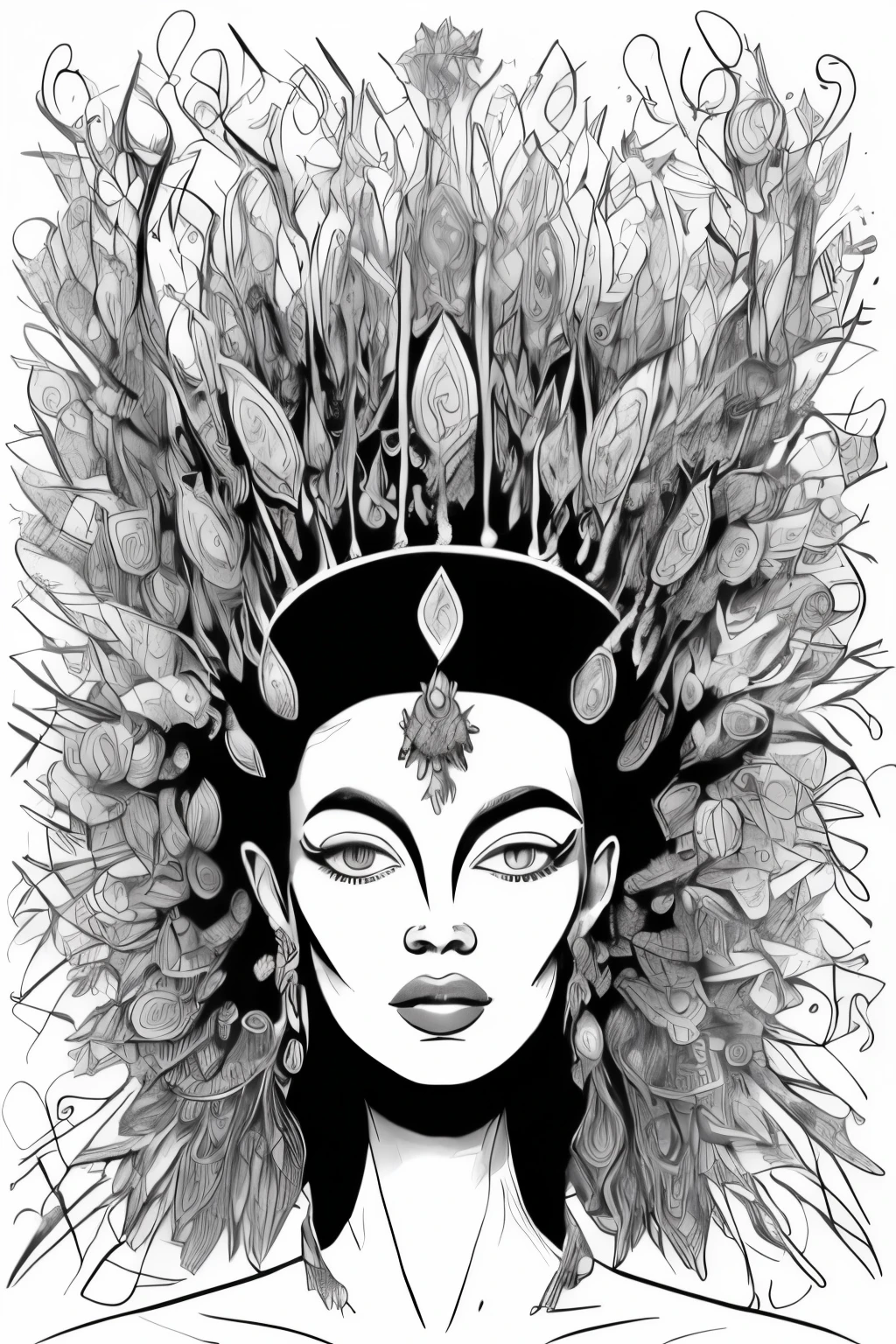 b&w, coloring page, line art, Na imagem, an unusual being stands out for its unique and striking presence. His head is adorned with a silver crown, boasting three spikes that rise elegantly. Each tip of the crown is decorated with rare jewels, emitting a subtle glow that catches the eye.

O ser&#39;the skin is remarkably green, giving it a magical and extraordinary aura. Your hair is lush, frizzy and form an incredible black power that adds volume and personality. o nariz, with striking features, segue um estilo africano, praising ethnic and cultural diversity.

The being&#39;s lips are beautiful and big, melhorando a expressividade do rosto. Sua estatura jogo 1,72 metros, providing an imposing and captivating presence. Dressing to express your gender identity, o ser incorporar uma moda queer, revealing a unique and unmistakable style.

The image conveys a sense of individuality and pride, desafiando as normas e celebrando a diversidade em todas as suas formas. Every detail contributes to the construction of an extraordinary and charming figure, which reflects the richness of imagination and the beauty of uniqueness.