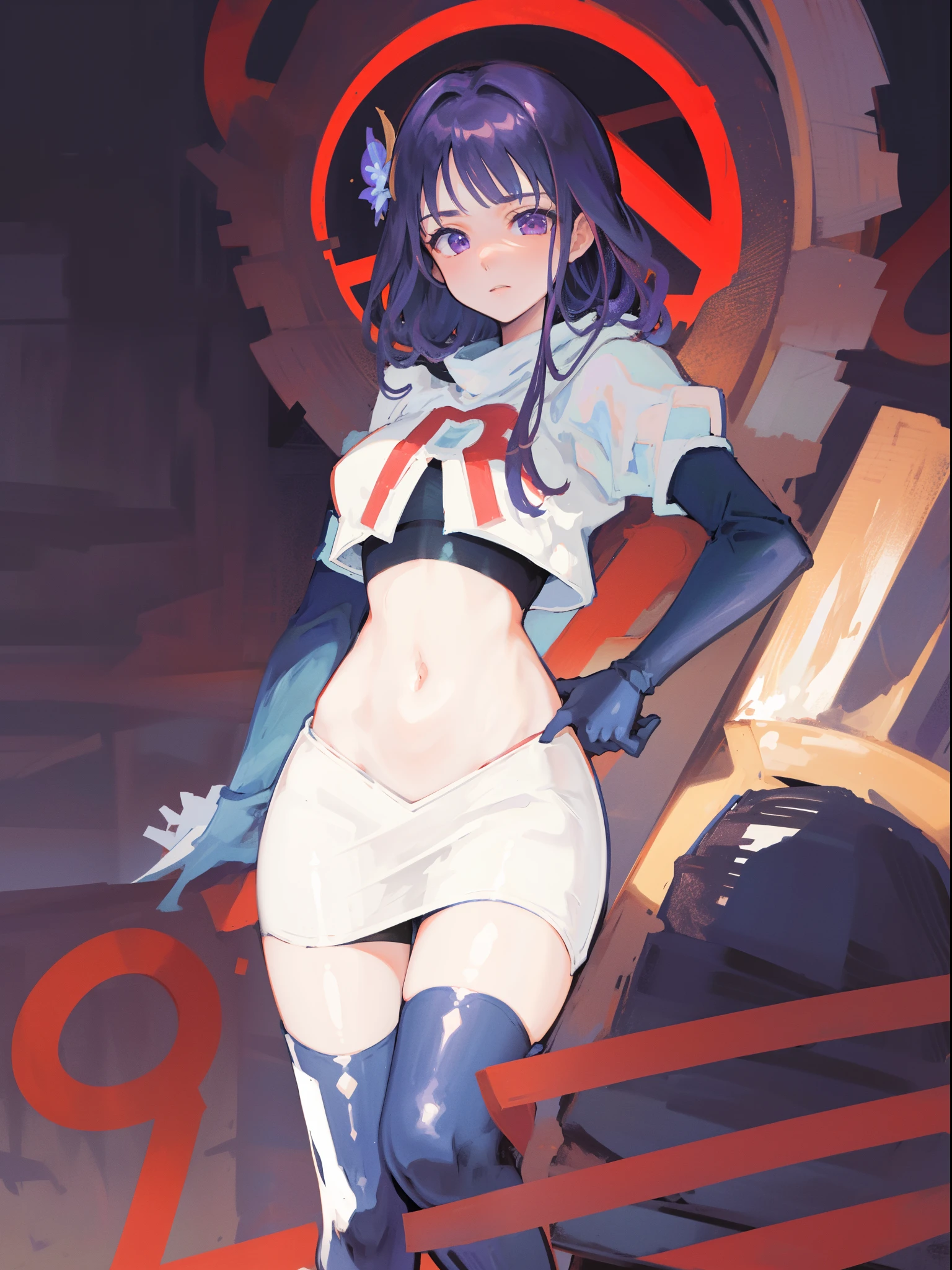 (Highest quality,Masterpiece,8k),((Pale skin)),1girll,Solo Woman,((Genshin_impact,Raiden general)), Sexy beautiful anime girl,Raiden general, Mole under eye, Long purple hair, hair ornaments, rosy lips,Anime mouth, A sexy mature woman,Detailed eyeusty figure, team rocket,team rocket uniform, red letter R, white skirt,white crop top,black thigh-highs,black elbow gloves,