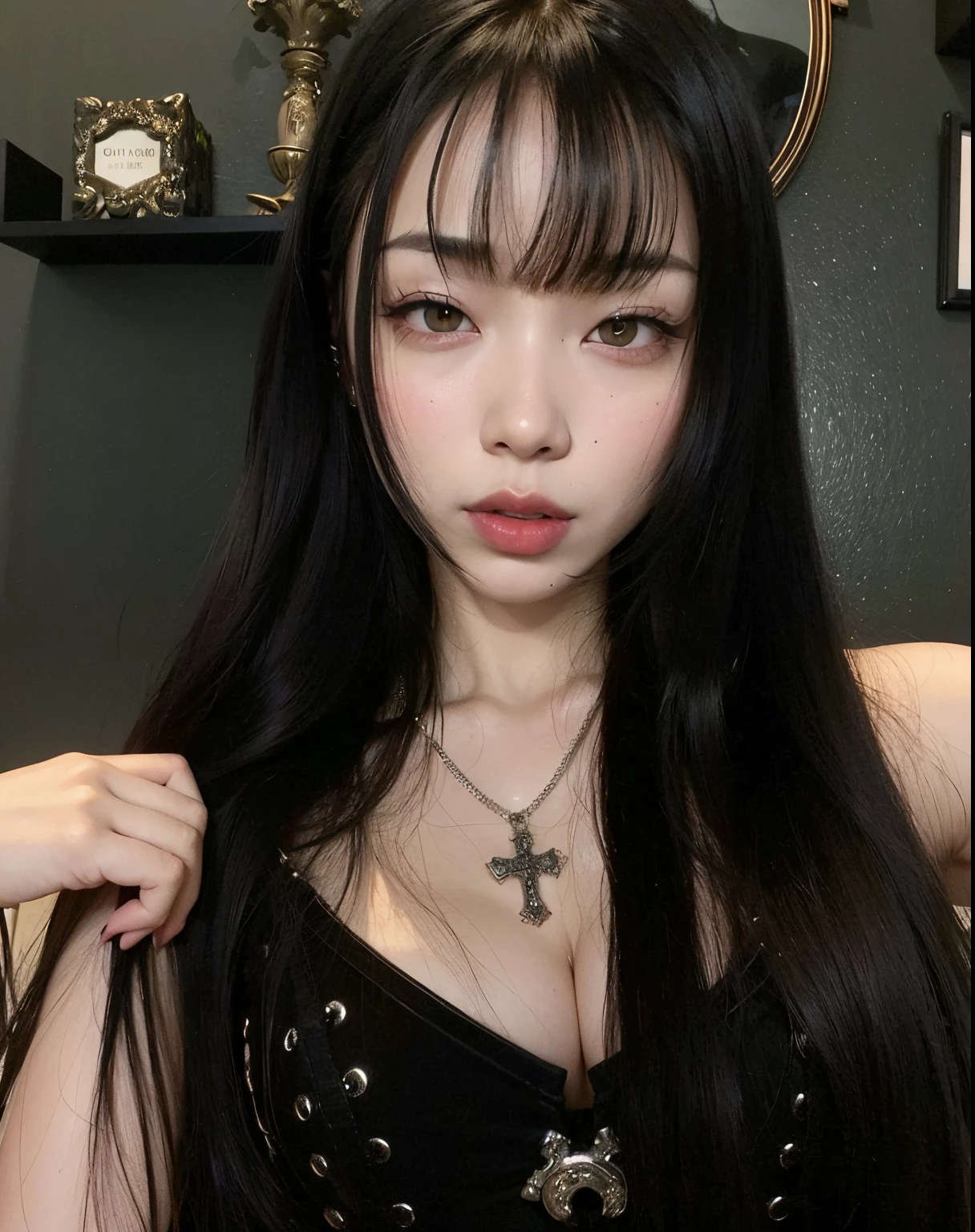 Araffe Asian woman with long black hair and a cross necklace, cruel korean goth girl, goth girl aesthetic, pale goth beauty, 1 7 - **** - *** goth girl, 1 7 - **** - *** anime goth girl, gothic aesthetic, com cabelos longos e olhos penetrantes, Ela tem cabelo preto com franja, goth girl, preto hime corte cabelo, gothic horror vibes