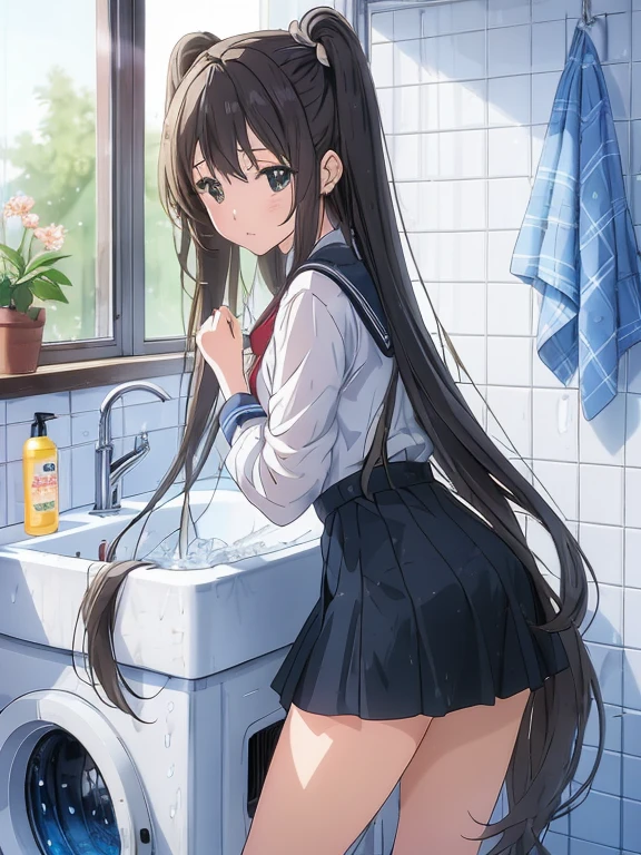 Anime girl in short skirt standing in front of washing machine, Squatting anime beauty, washing her dark long hair, smooth anime cg art, clean and meticulous anime art, Beautiful anime high school girl, Anime girls, clean anime art, Anime visuals of a cute girl, fleet style, Cute Anime Girls, A surreal schoolgirl