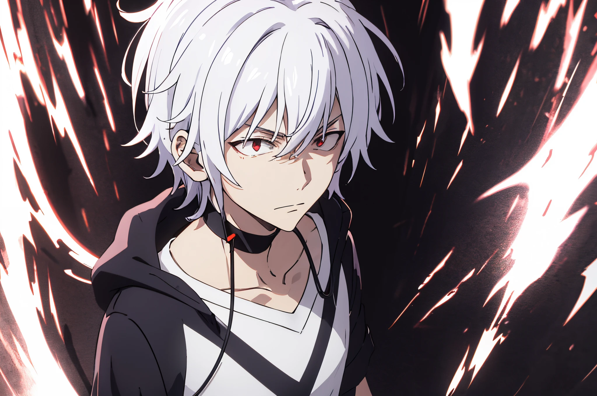 pha accelerator, 1boy, (red eyes:1.4),  accelerator (toaru majutsu no index), wearing a black fur coat, constricted pupils, white hair, shirt, solo, choker, striped shirt, striped, albino, earphones, pants, hair between eyes, short hair, collarbone, white shirt, crazy eyes, explosion, ruinasterpiece:1.2, best quality), high contrast, ((cinematic light)), black light particleroken glass), portrait, upper body,