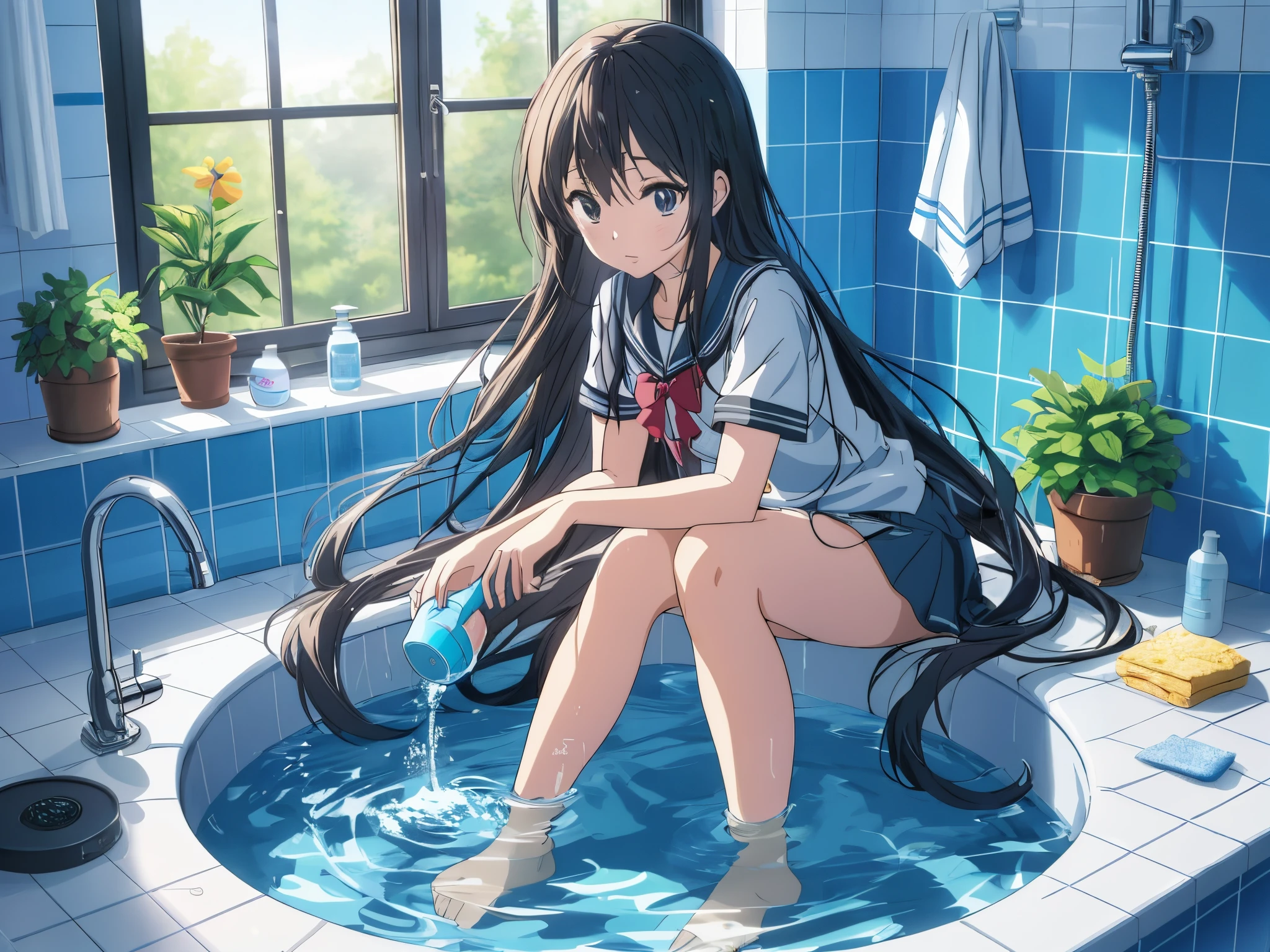 Anime girl sitting in bathtub，Water flows from the faucet, Anime rapunzel girl, washing her dark long hair, Ilya Kuvshinov long hair, smooth anime cg art, Beautiful anime girl squatting down, Beautiful anime high school girl, Anime visuals of a cute girl, Cute Anime Girls, Anime cute art style, clean and meticulous anime art