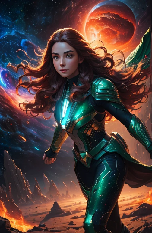 Highly detailed RAW color photo, beautiful young woman, smile at you, long red wavy hair, white and green space ranger costume, running dynamic pose, (detailed skin), (detailed lips), (detailed eyes), (cosmic: 1.4), (necropolis: 1.1), (science fiction setting) (detailed face), (athletic), detailed eyes, space scene with planets and burning sun, chromatic aberration, depth of field, soft lighting, masterpiece, best quality, intricaens reflection: 0.7), (flowering: 0.7), particle effects, ray tracing, tone mapping, highly detailed, concept art, smooth, sharp focus, dramatic lighting, highly detailed art, cinematic, hyper-realistic painting, trending on Artstation, 8K, amazing shadows, realistic, (highly detailed background: 1.2), mid-journey art