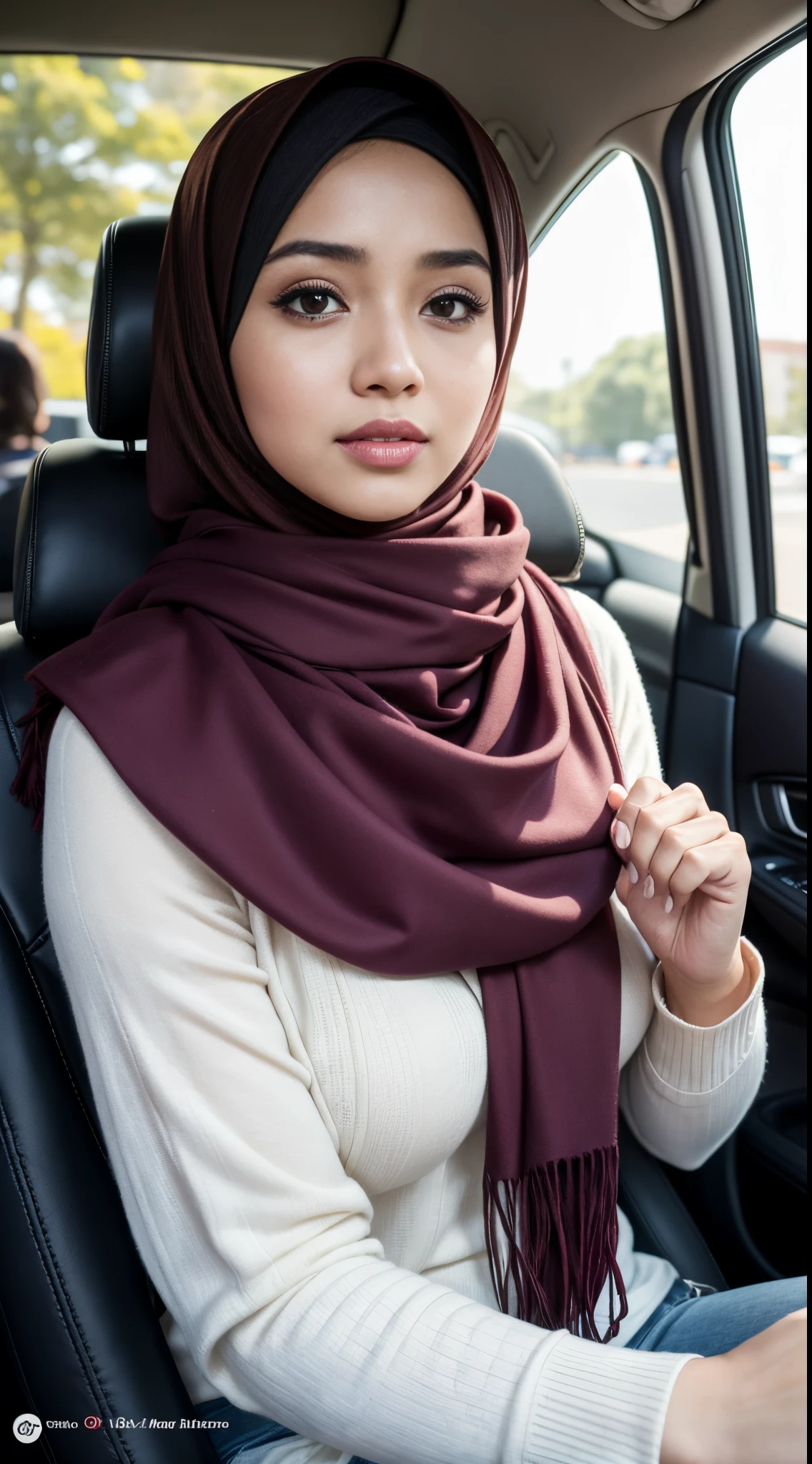 Cute girl, beautiful girl in hijab, 1 girl, perfect face, expressive eyes, softlens, makeup, eyeshadow, eyeliner, luxurious hijab, patterned hijab, hijab decoration, brooch, shiny lips, a faint smile,sitting at the controls of the car,
