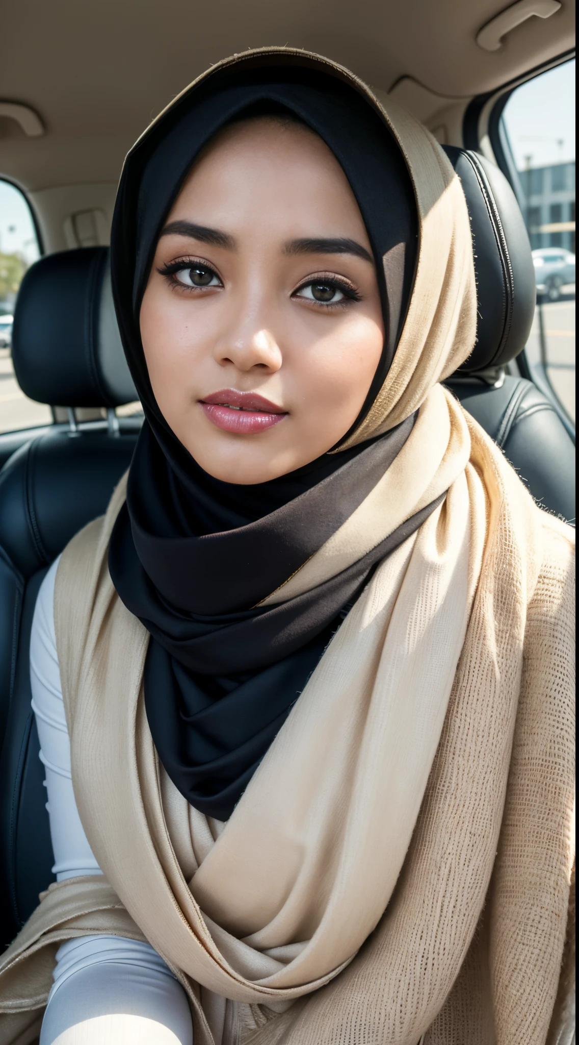 (iu:0.8), RAW, Best quality, high resolution, Masterpiece: 1.3, Beautiful hijabi malay woman in a car with a scarf on sitting on the phone, dilraba dilmurat, white hijab, hijab, lovely woman, beautiful Indonesia woman, malay woman, malaysian, malay girl, milky white skin, Beutifull girl, shawl, actress, attractive girl, with cute - fine - face, scarf, white scarf, 8k selfie photograph, siya oum, (big breast), big eyes