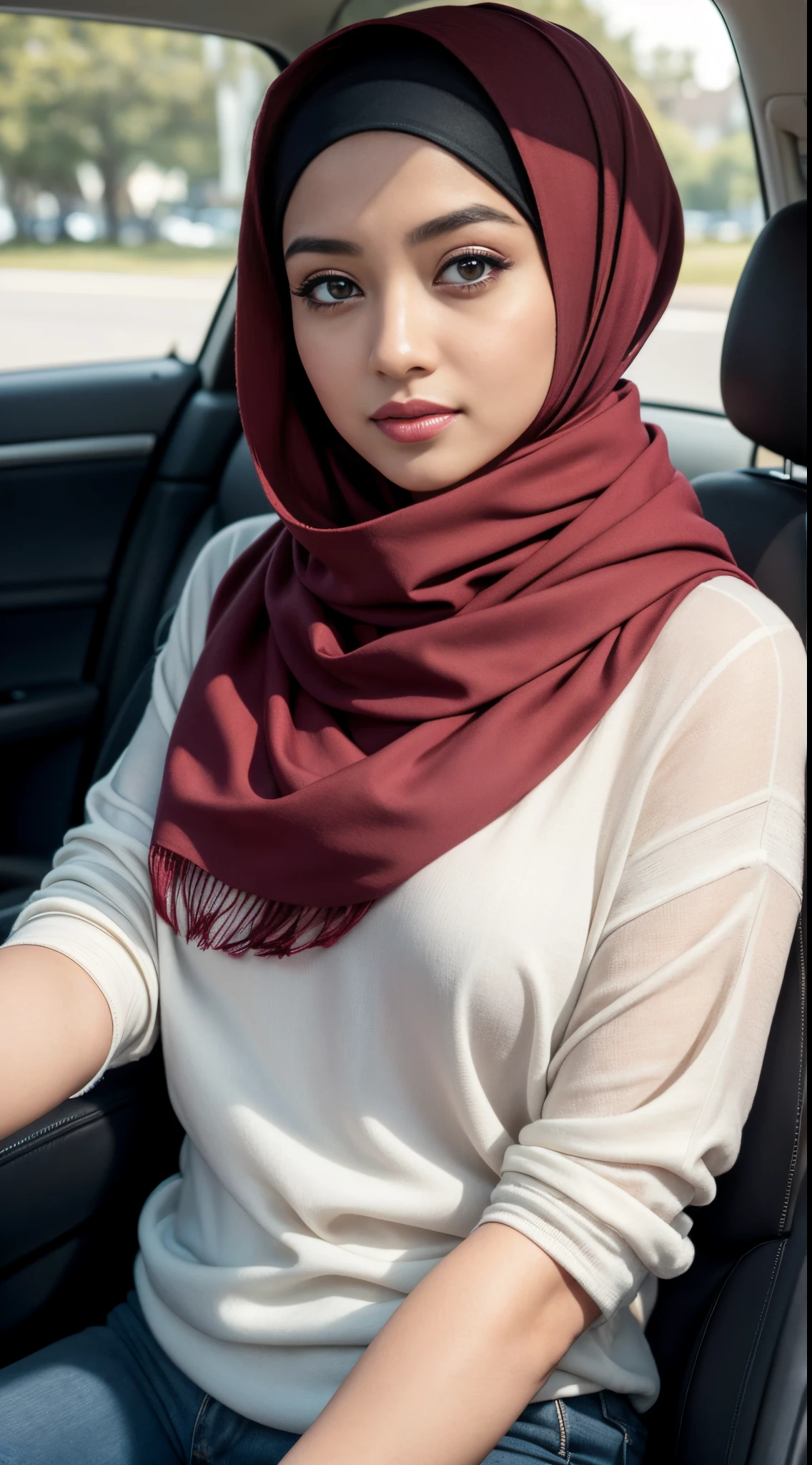 (iu:0.8), RAW, Best quality, high resolution, Masterpiece: 1.3, Beautiful hijabi malay woman in a car with a scarf on sitting on the phone, dilraba dilmurat, white hijab, hijab, lovely woman, beautiful Indonesia woman, malay woman, malaysian, malay girl, milky white skin, Beutifull girl, shawl, actress, attractive girl, with cute - fine - face, scarf, white scarf, 8k selfie photograph, siya oum, (big breast), big eyes