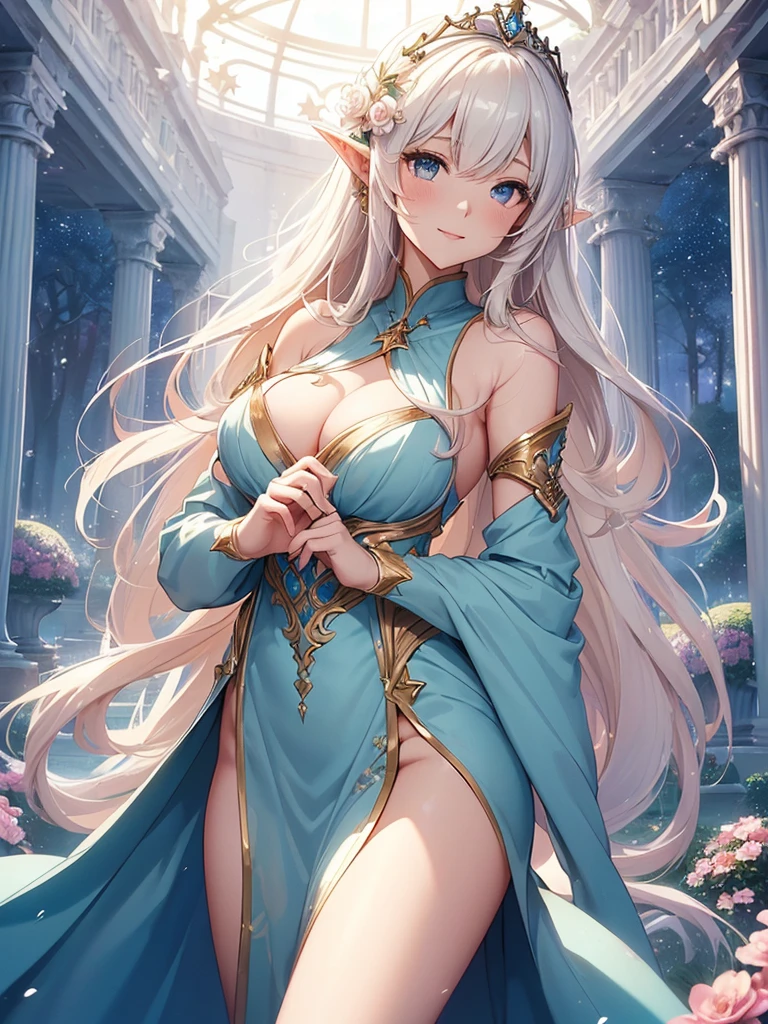 top-quality、Top image quality、masterpiece、Super beautiful elf beauty((24 year old、Best Bust、big bast、Bust 90,beautiful blue long ironed hair、a blond、A sexy、A slender、a closeup、Esbian、beautiful tiara、hiquality、Beautiful Art、Background with((starrysky)))masutepiece、visualart、depth of fields、low angle of morning sky、、Elven ears、、light magic、Space Knight、harp melody🎵、Happy smile、Gentle light、、Beautiful legs that are gentle on the skin、、、Number of fingers to achieve precise finger movements、ticker beautiful dress、elegent、Mystical Rosa、 field under the flower garden、Marble pillars, beautiful dressy、magnificent marble dome、snowy forest、